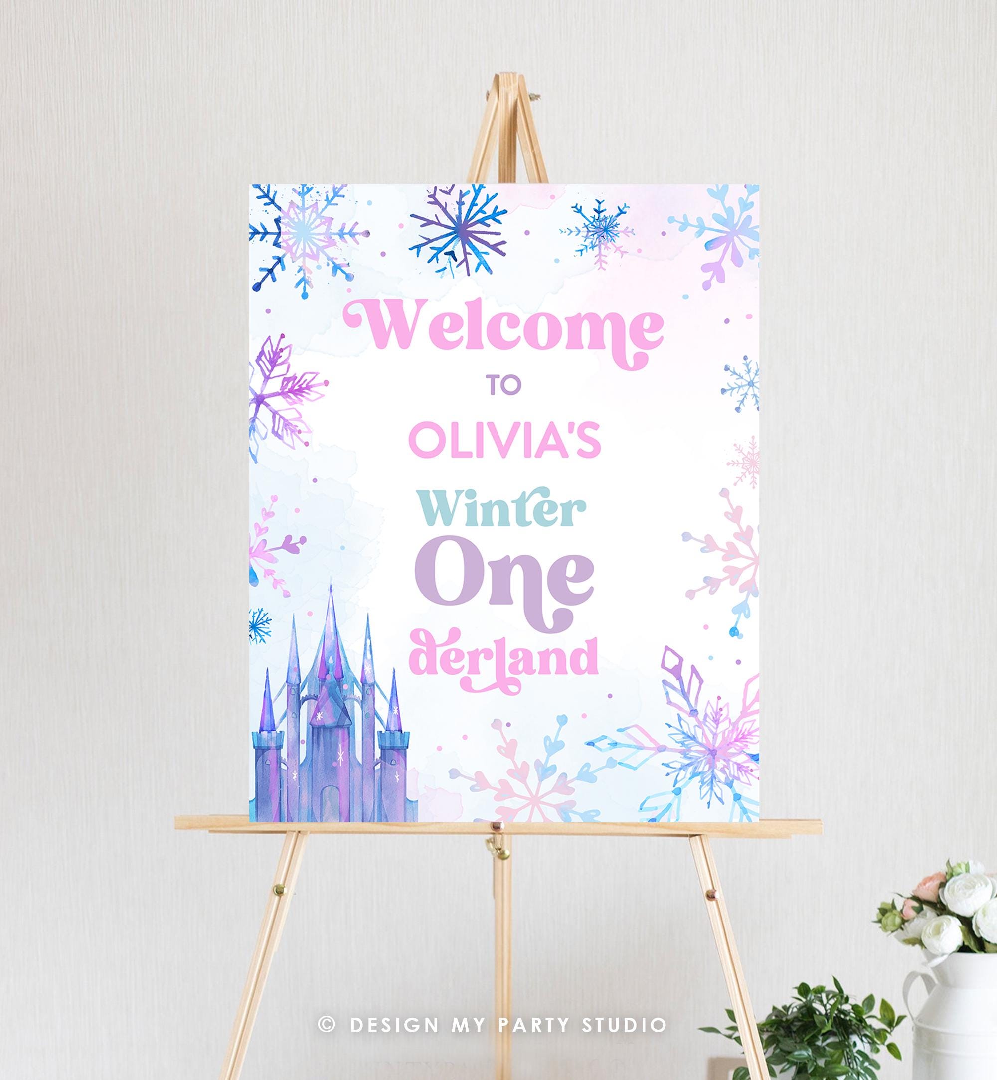 Editable Winter ONEderland Welcome Sign Watercolor First Birthday Girl Pink Purple Snowflake Princess Castle Digital Template Printable 0518