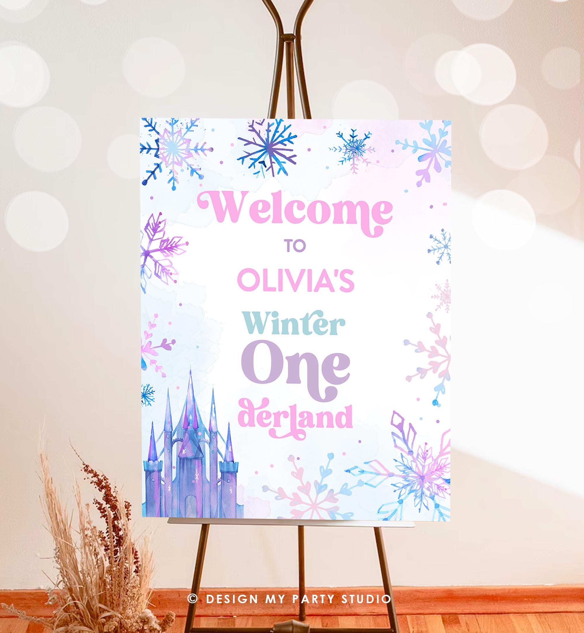 Editable Winter ONEderland Welcome Sign Watercolor First Birthday Girl Pink Purple Snowflake Princess Castle Digital Template Printable 0518