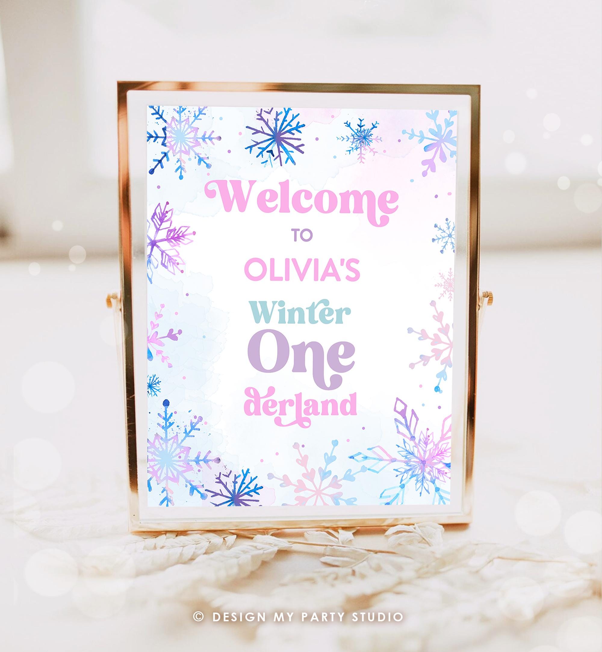 Editable Winter ONEderland Welcome Sign Watercolor First Birthday Girl Pink Purple Snowflake Princess Castle Digital Template Printable 0518