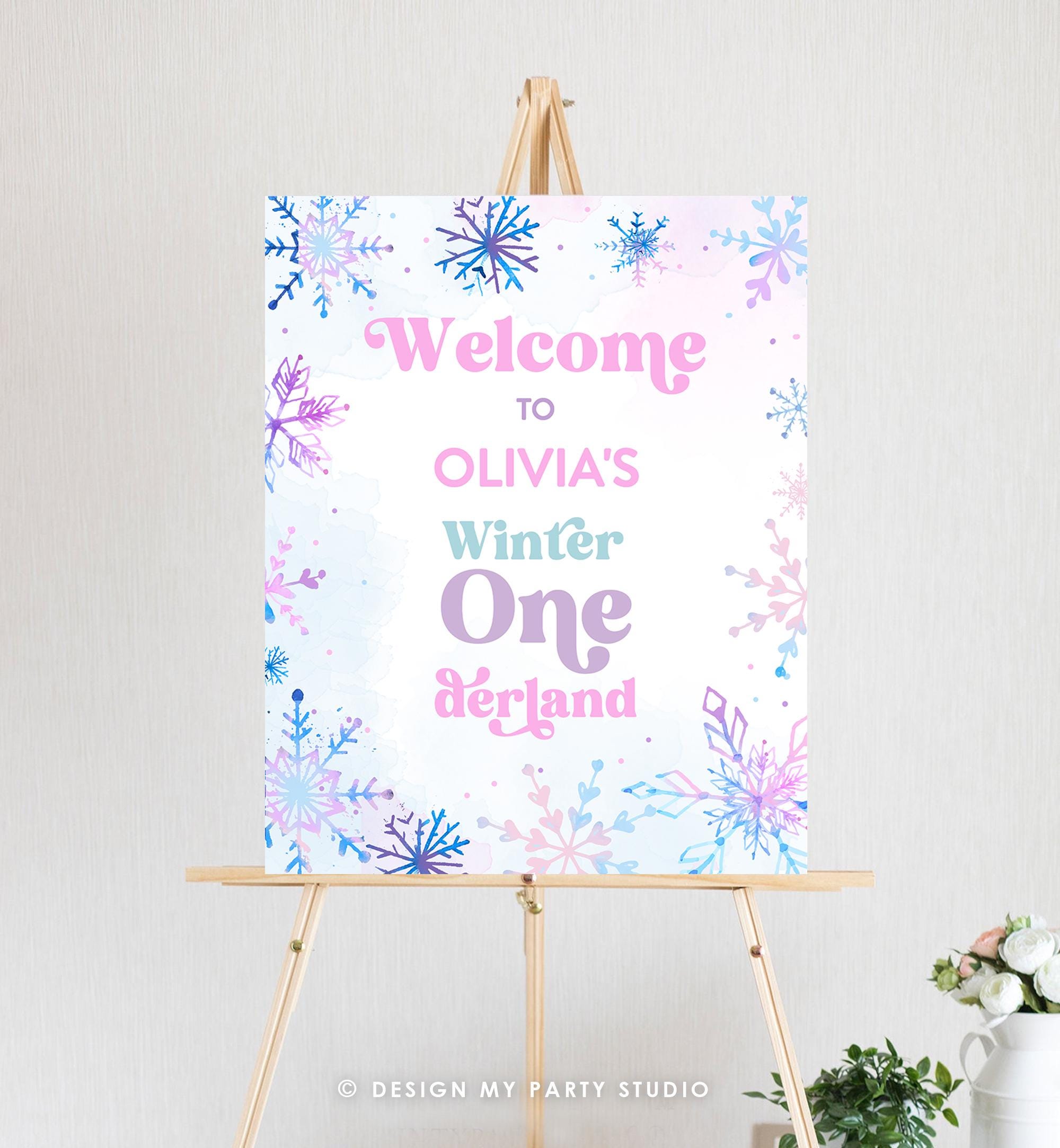 Editable Winter ONEderland Welcome Sign Watercolor First Birthday Girl Pink Purple Snowflake Princess Castle Digital Template Printable 0518