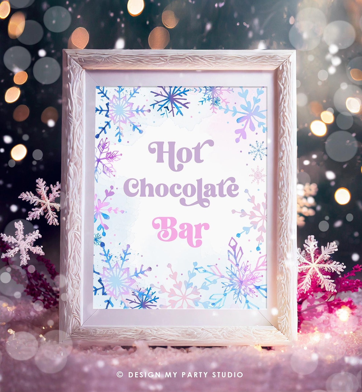 Hot Chocolate Bar Sign Winter Onederland Wonderland First Birthday Girl Pink Purple Snowflake Princess Castle Decor Digital Printable 0518