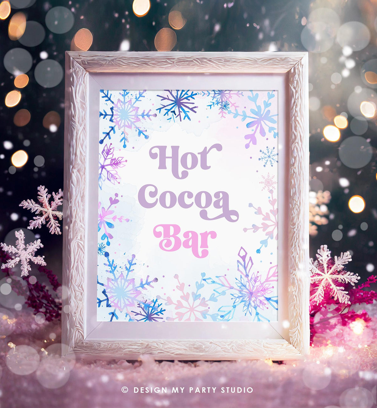 Hot Cocoa Bar Sign Winter Onederland Wonderland First Birthday Girl Pink Purple Snowflake Princess Castle Decor Digital Printable 0518