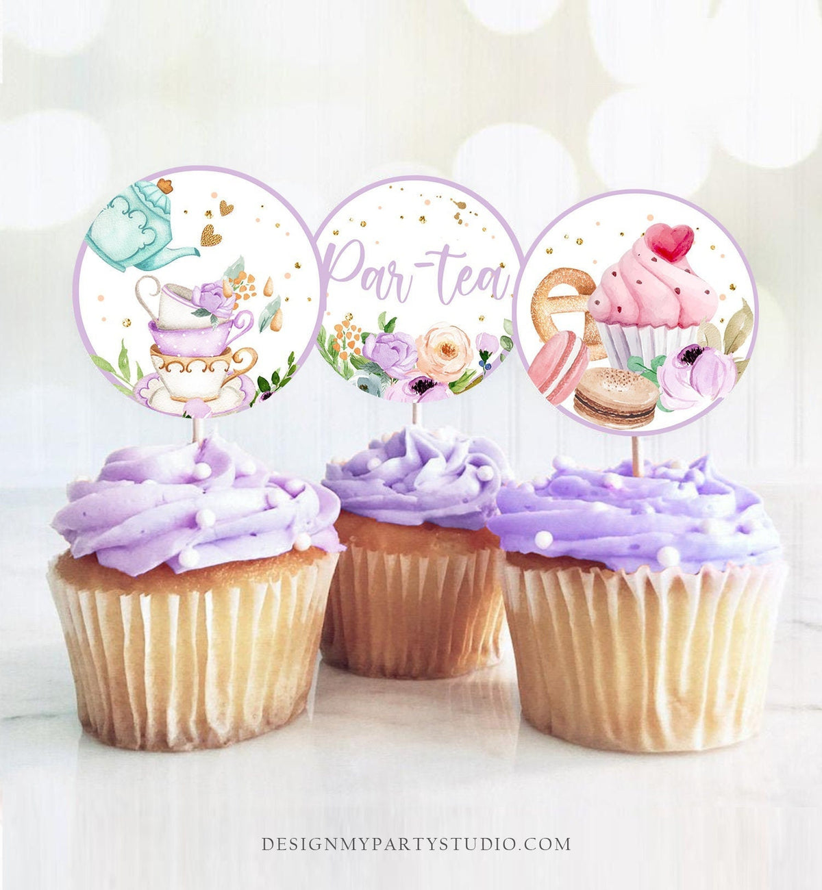 Tea Party Cupcake Toppers Tea Birthday Cupcake Toppers Favor Tag Girl Tea For Two Whimsical Floral Purple Gold Digital Printable 0349