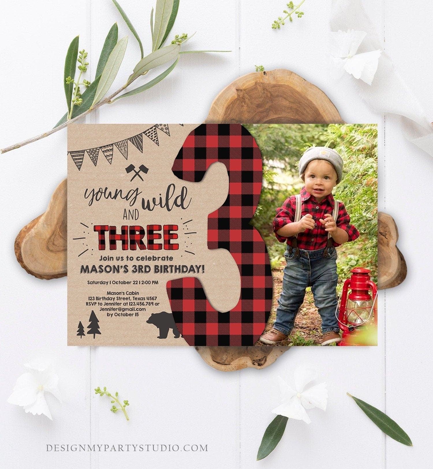 Editable Lumberjack Young Wild and Three Birthday Invitation Third Birthday 3rd Woodland Bear Red Plaid Boy Digital Template Printable 0026