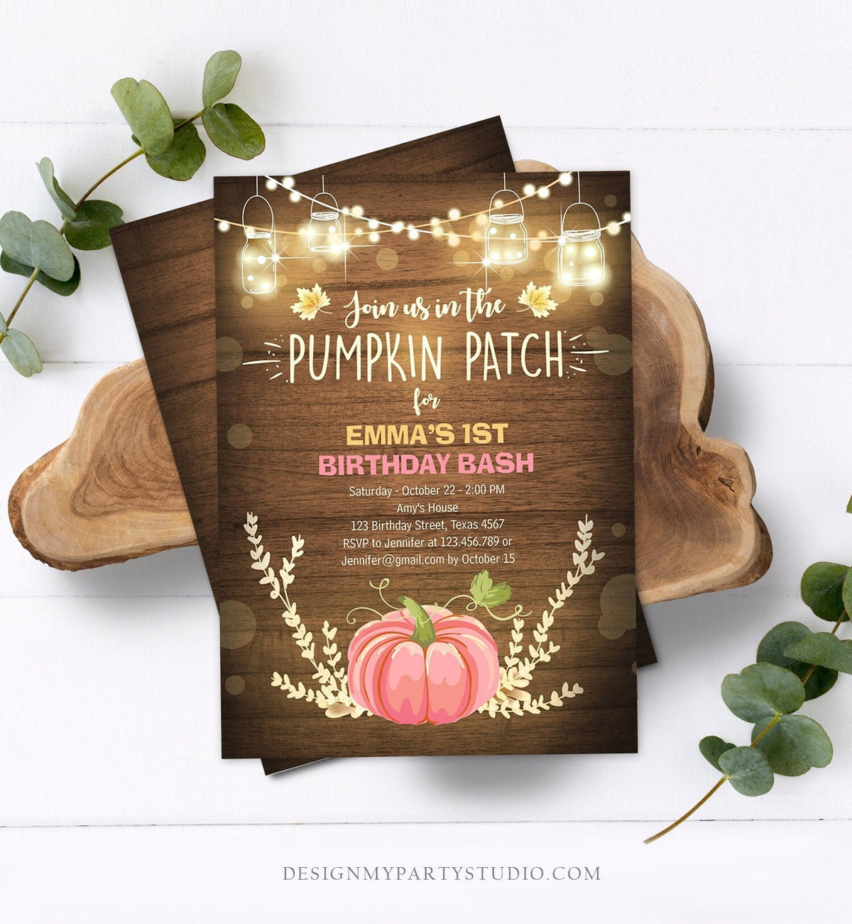 Editable Little Pumpkin Birthday Invitation Pink Pumpkin Patch Autumn Fall Rustic Girl 1st First Birthday Corjl Invitation Printable 0015