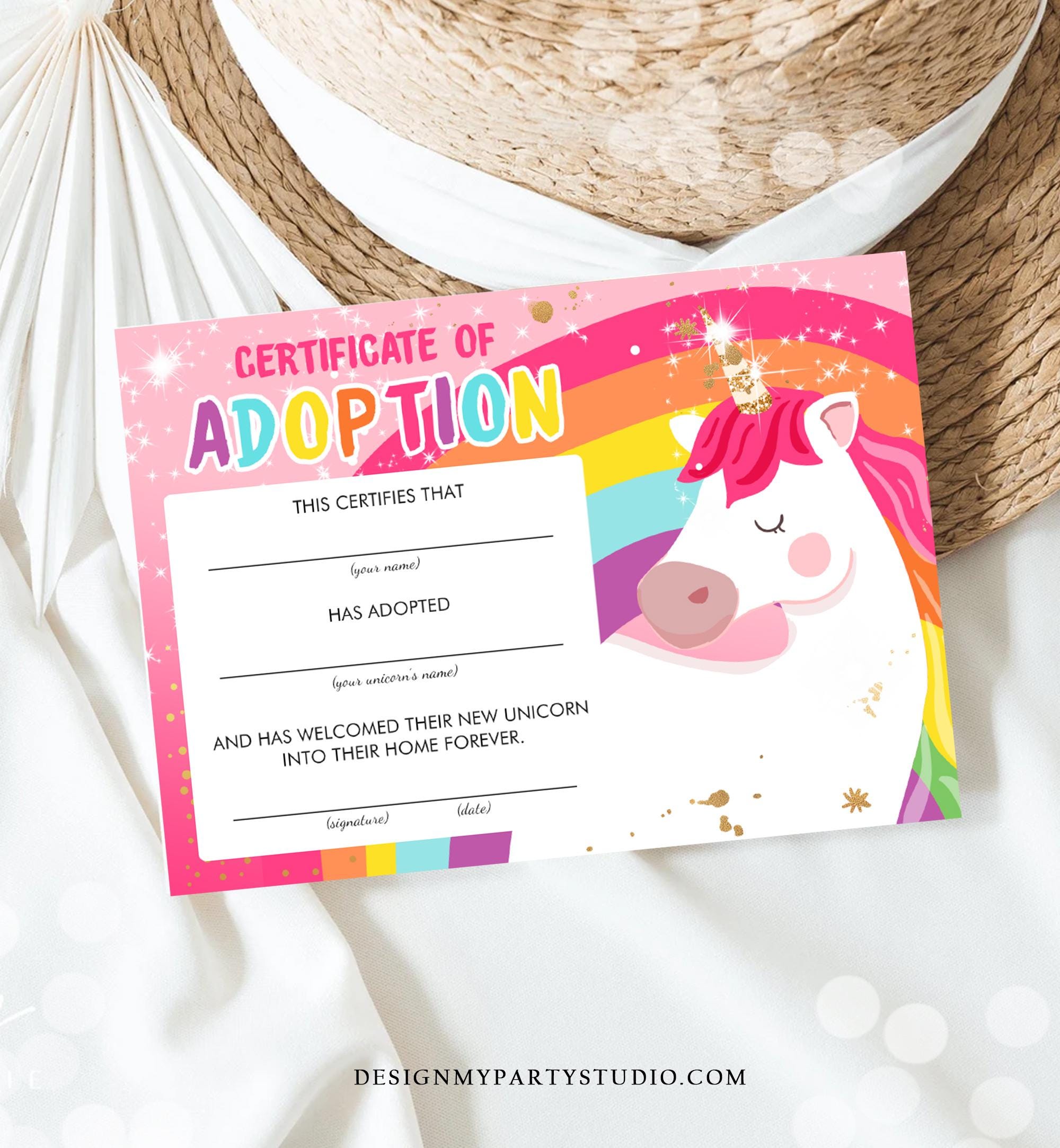 Adopt a Unicorn Certificate Unicorn Adoption Unicorn Birthday Party Magical Birthday Rainbow Girl Instant Download Digital Printable 0323