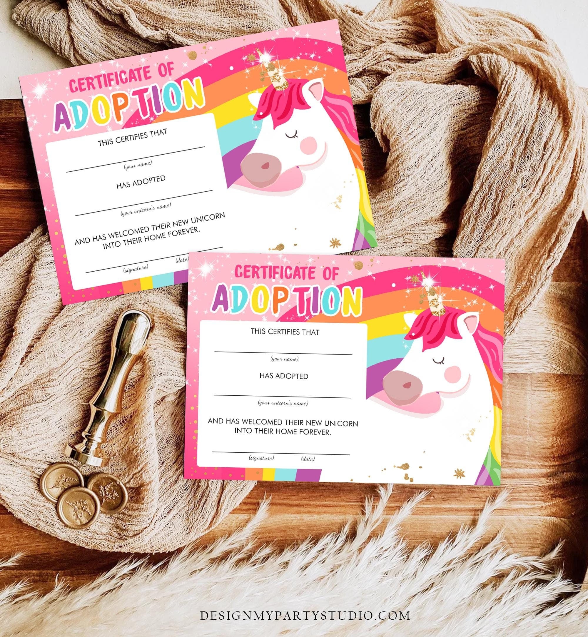 Adopt a Unicorn Certificate Unicorn Adoption Unicorn Birthday Party Magical Birthday Rainbow Girl Instant Download Digital Printable 0323