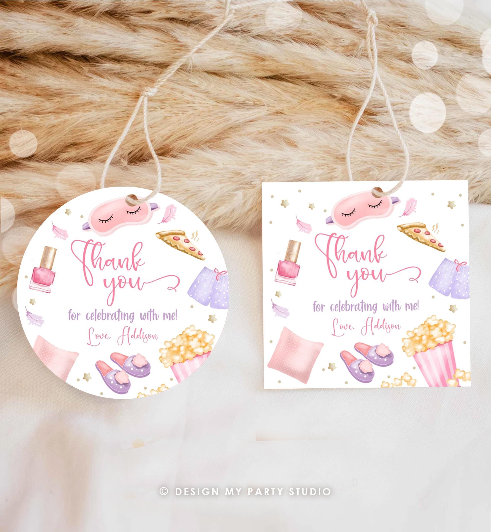 Editable Slumber Party Thank You Tag Sleepover Favor Tags Pink Girl Movie Night Teen Popcorn Pajamas Labels Digital Template Printable 0447