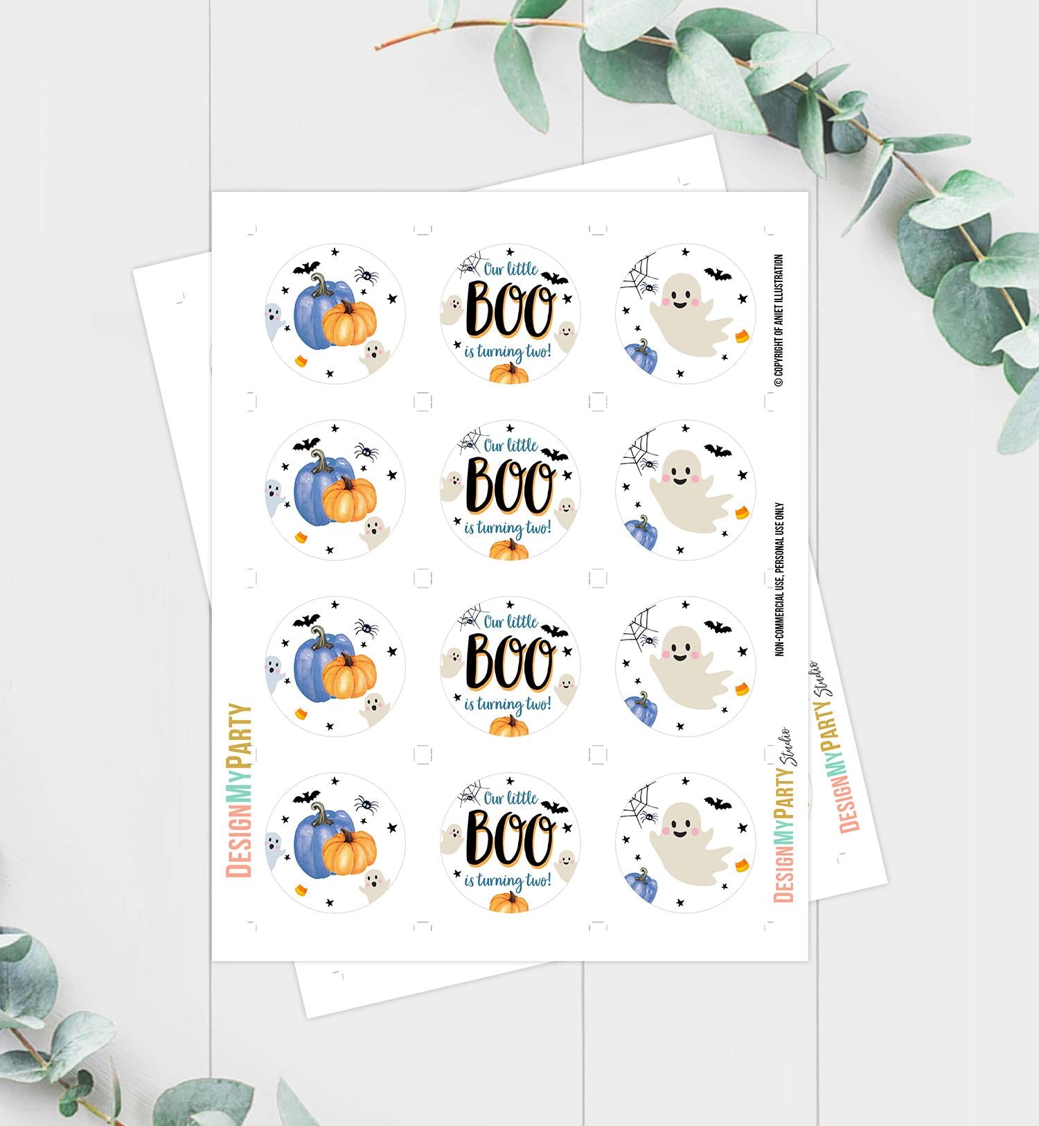 Little Boo is Turning Two Birthday Cupcake Toppers Halloween Ghost Favor Tags Party Second 2nd Birthday Boy Blue Digital Printable 0418