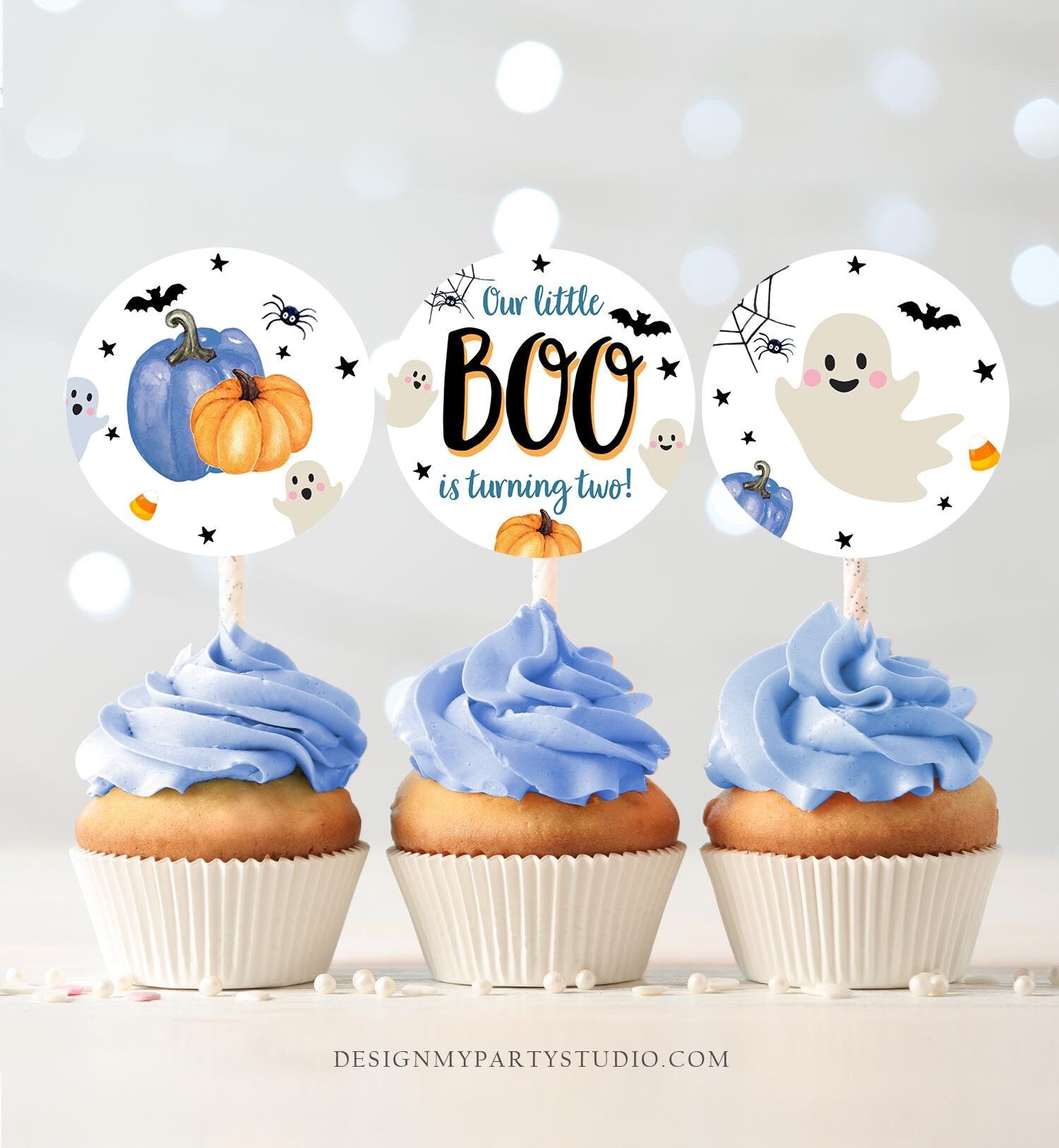 Little Boo is Turning Two Birthday Cupcake Toppers Halloween Ghost Favor Tags Party Second 2nd Birthday Boy Blue Digital Printable 0418