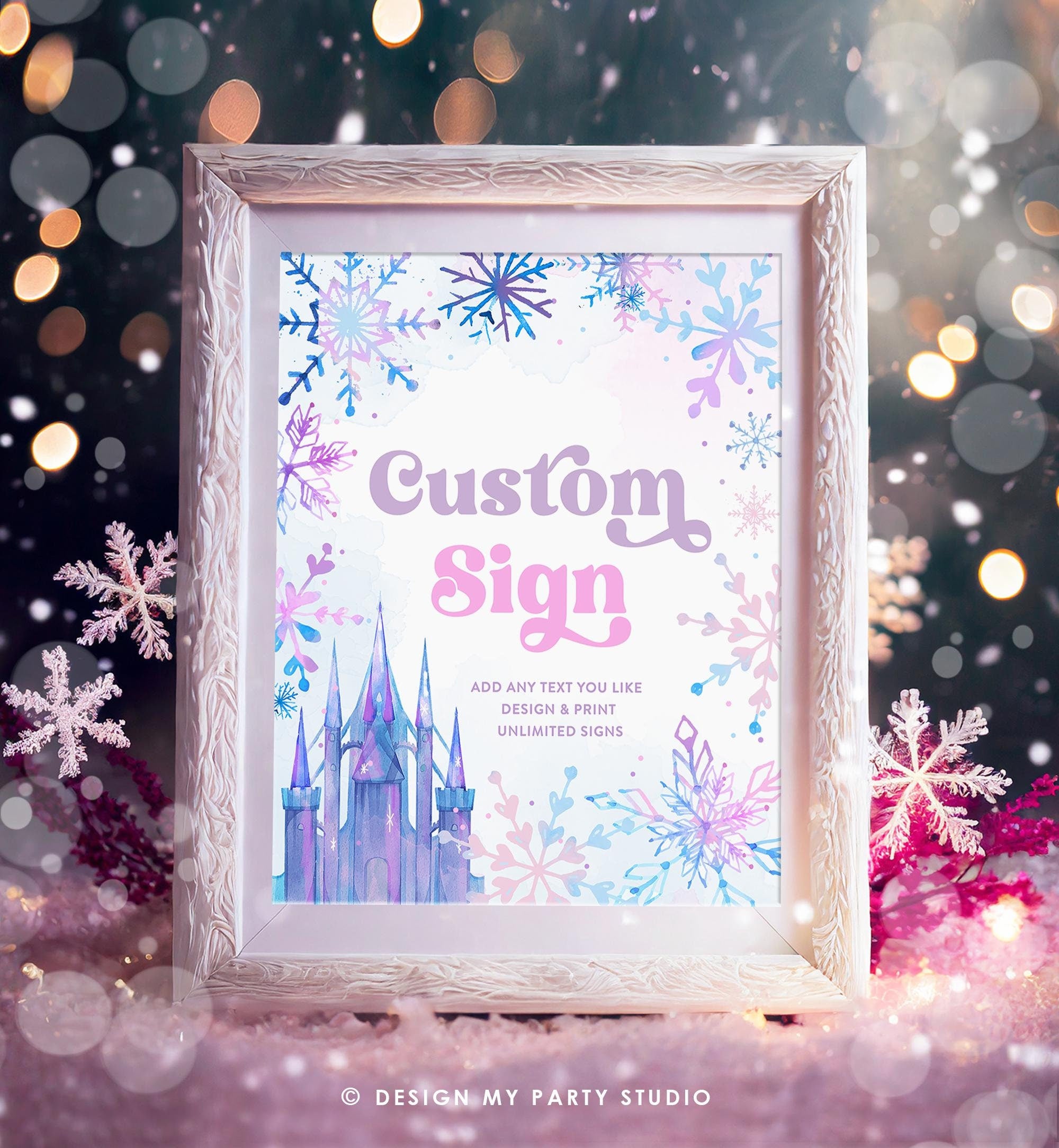 Editable Custom Sign Winter Onederland Wonderland First Birthday Girl Pink Purple Snowflake Princess Castle Decor Digital Printable 0518