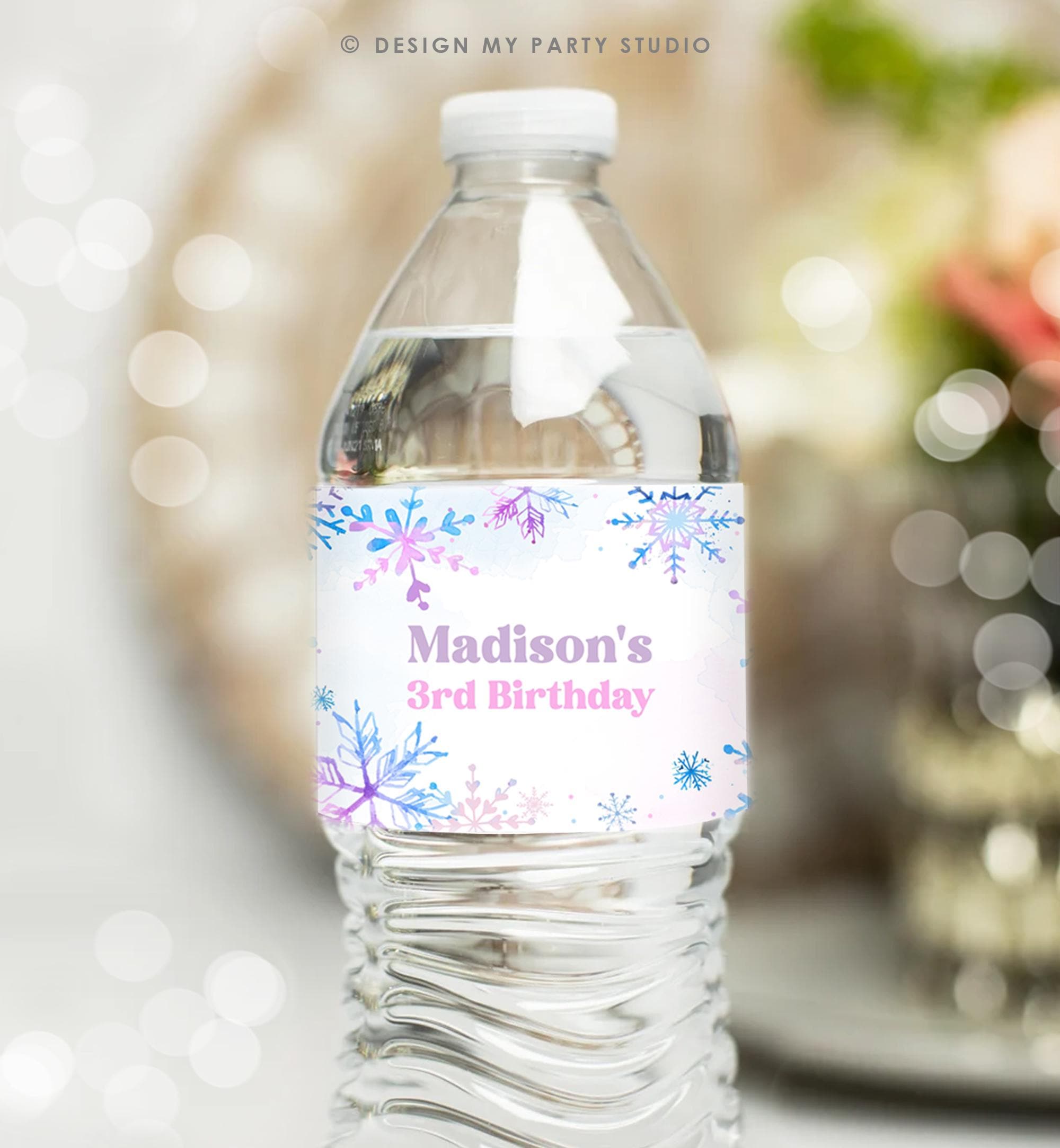 Editable Winter Snowflake Water Bottle Label Winter Onederland Wonderland Birthday Party Girl Christmas Digital Template Printable 0518