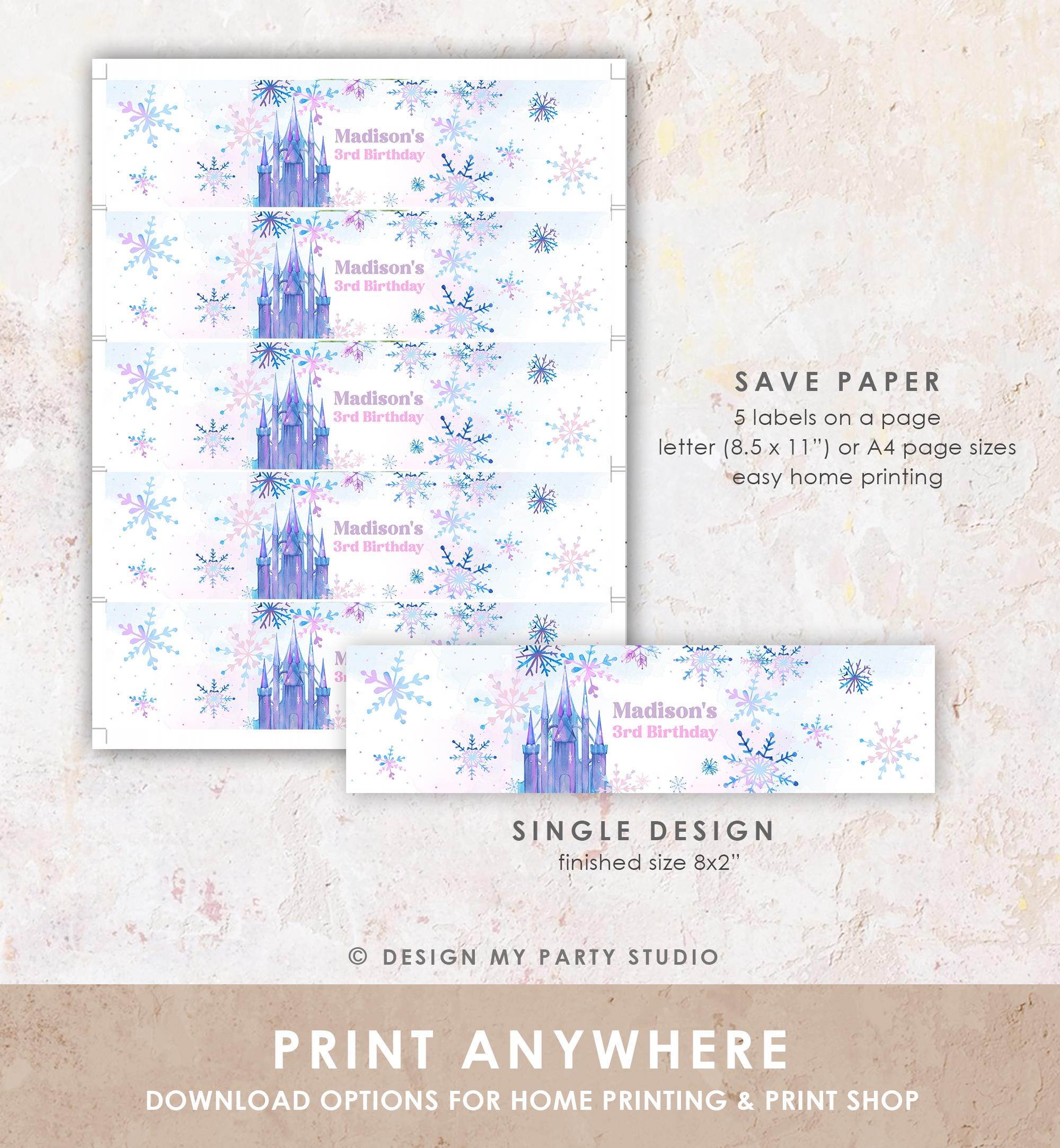 Editable Winter Snowflake Water Bottle Label Winter Onederland Wonderland Birthday Castle Girl Christmas Digital Template Printable 0518