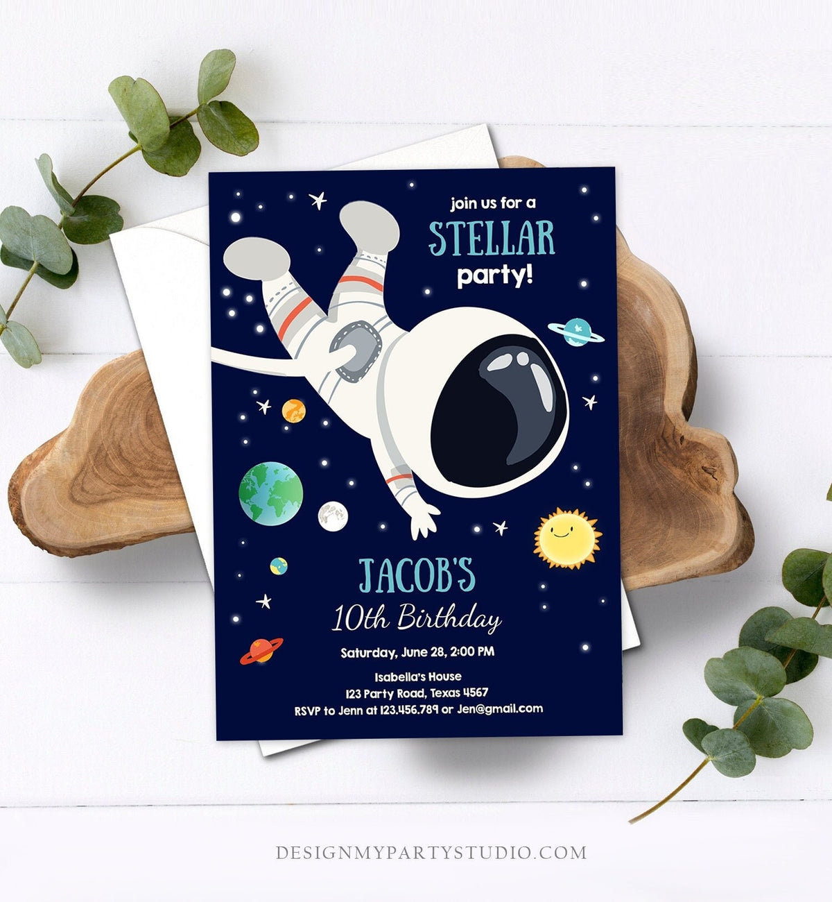 Editable Boy Space Birthday Party Invitation Outer Space Galaxy Planets and Stars Astronaut Download Printable Template Digital Corjl 0259