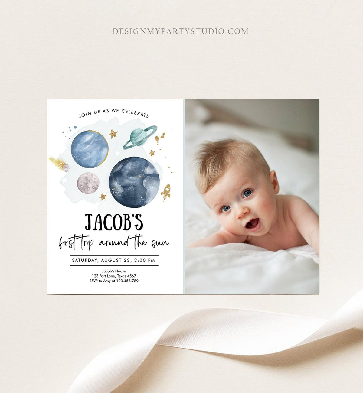 Editable Outer Space First Birthday Invitation Galaxy Blast Off First Trip Around the Sun Download Printable Template Digital Corjl 0357