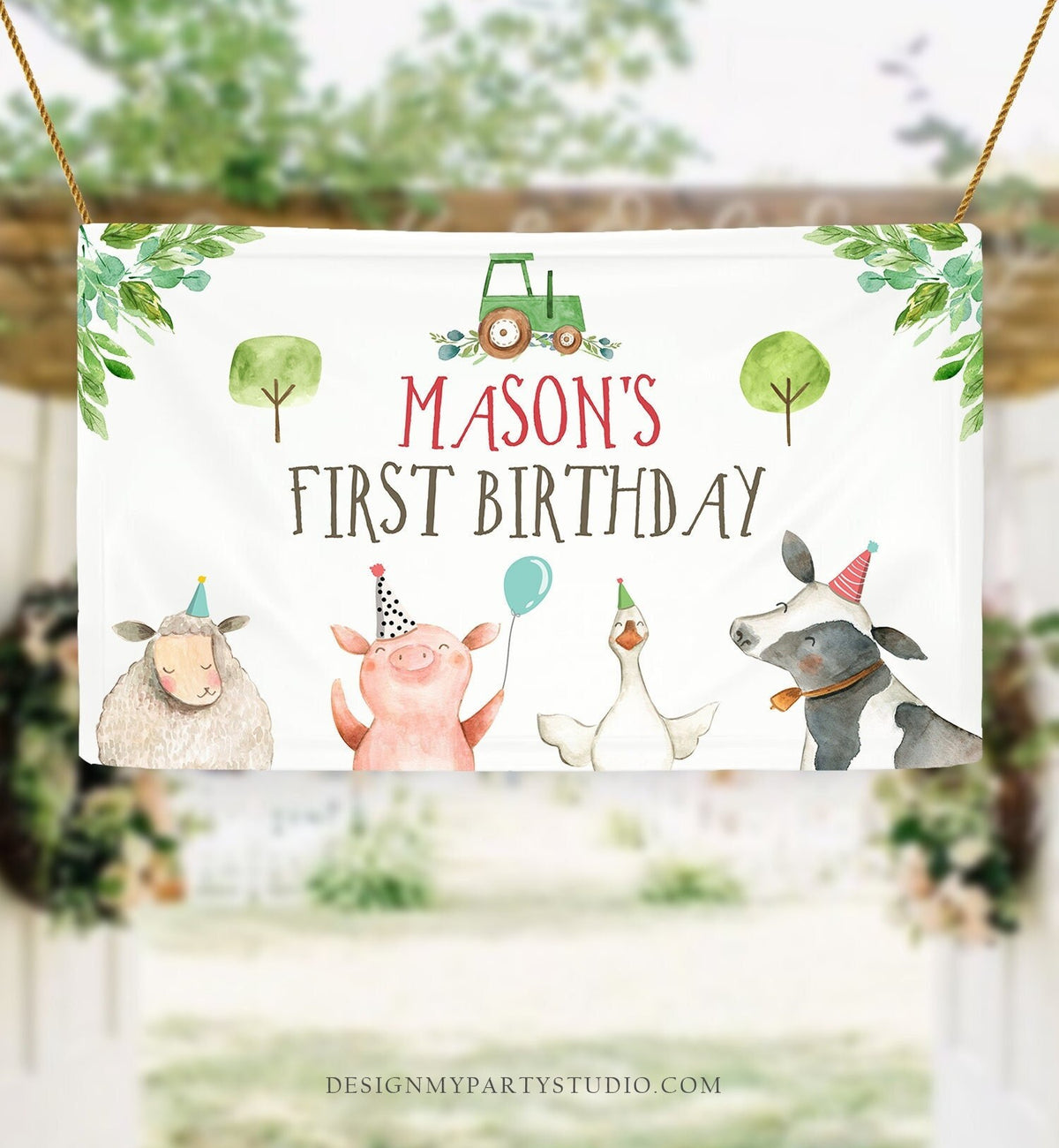 Editable Farm Backdrop Banner Boy Farm Birthday Boy Farm Animals Barnyard Birthday Decor Tractor Cow Download Corjl Template Printable 0155