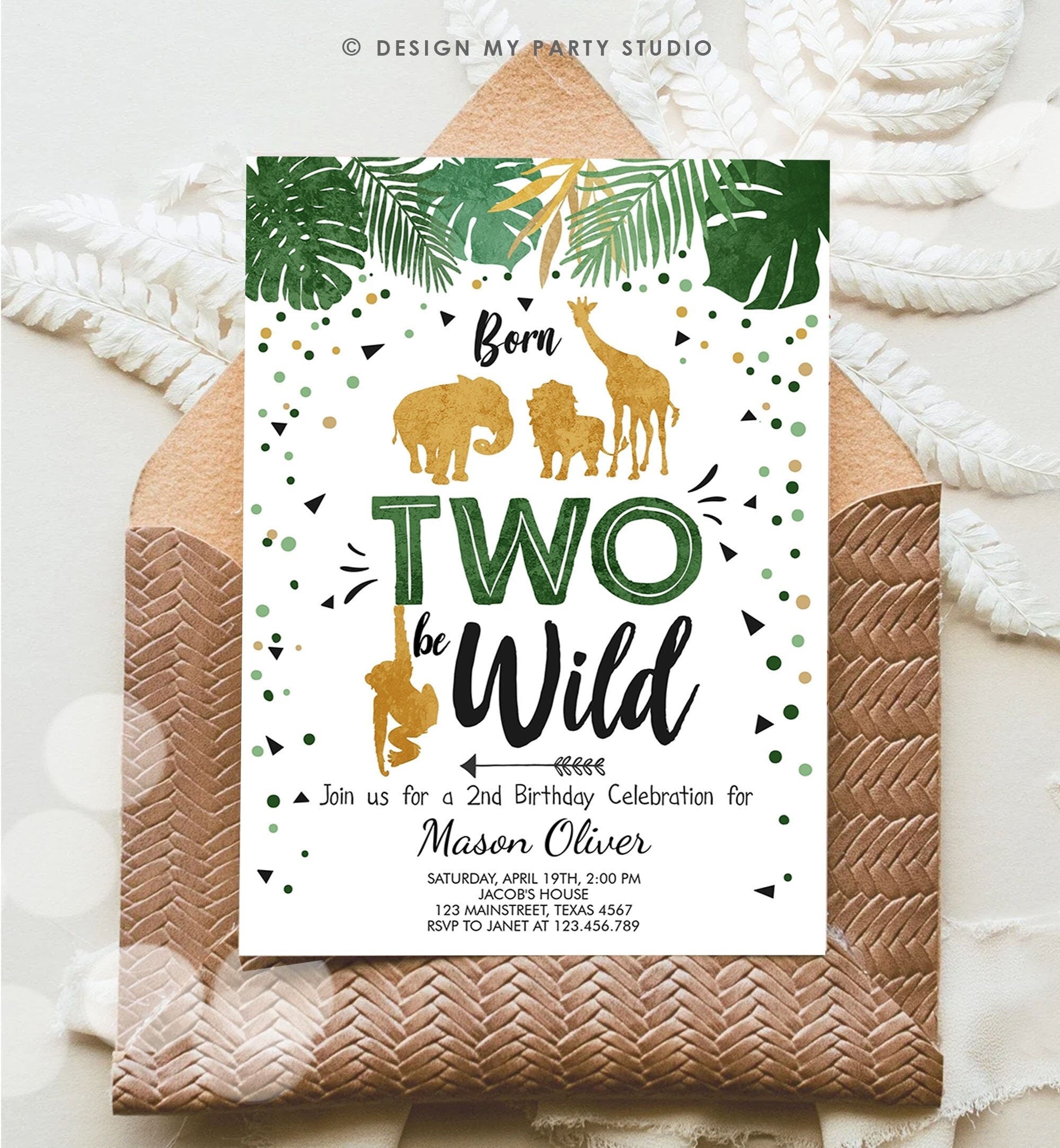 Editable Born Two Be Wild Birthday Invitation Boy Animals Jungle Safari Green Gold 2nd Birthday Download Printable Template Corjl 0016