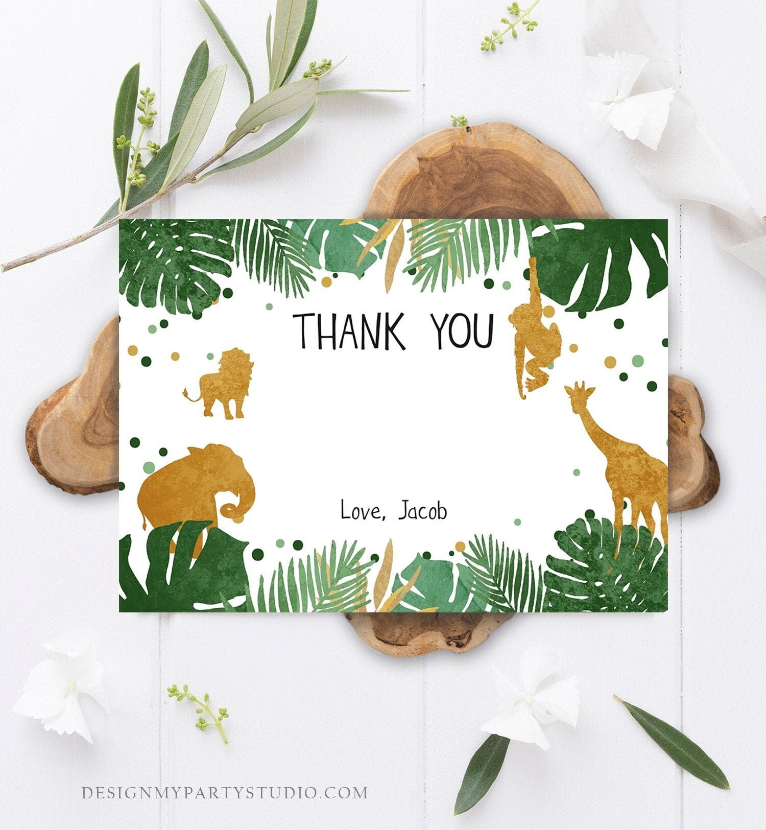 Editable Safari Animals Thank You Card Boy Birthday Baby Shower Party Animals Thank You Note Gold Wild Animals Corjl Template Printable 0016