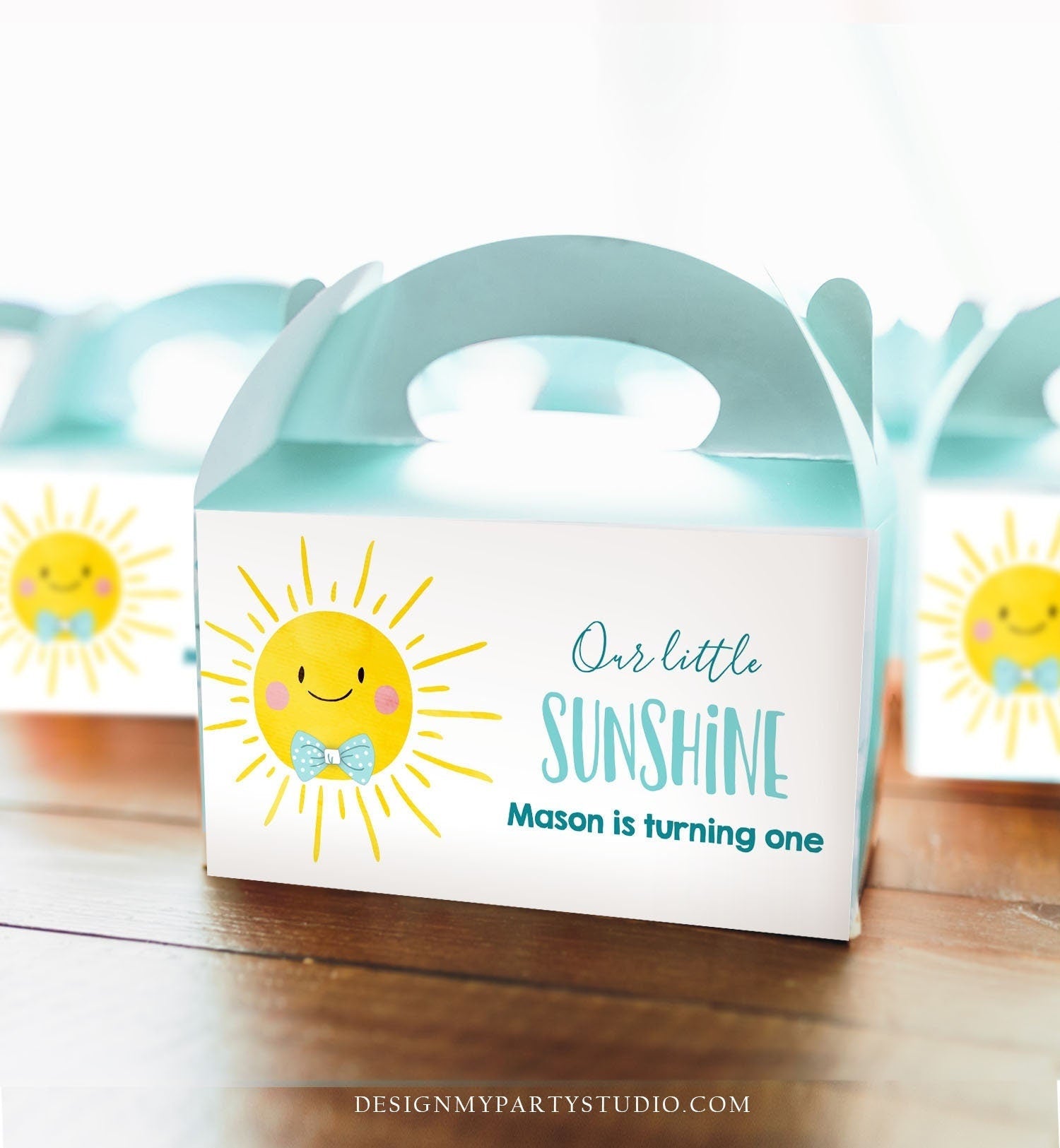 Editable Sunshine Boy Birthday Party Gable Box Favor Label Boho Sun Gift Box Labels Sun First Trip Blue Download Printable Corjl 0141