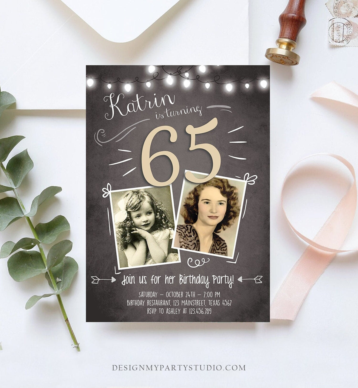 Editable 65th Birthday Invitation ANY AGE Chalkboard Rustic Adult Sixty Fifth Photo Vintage Sapphire Jubilee Anniversary Corjl Template 0230