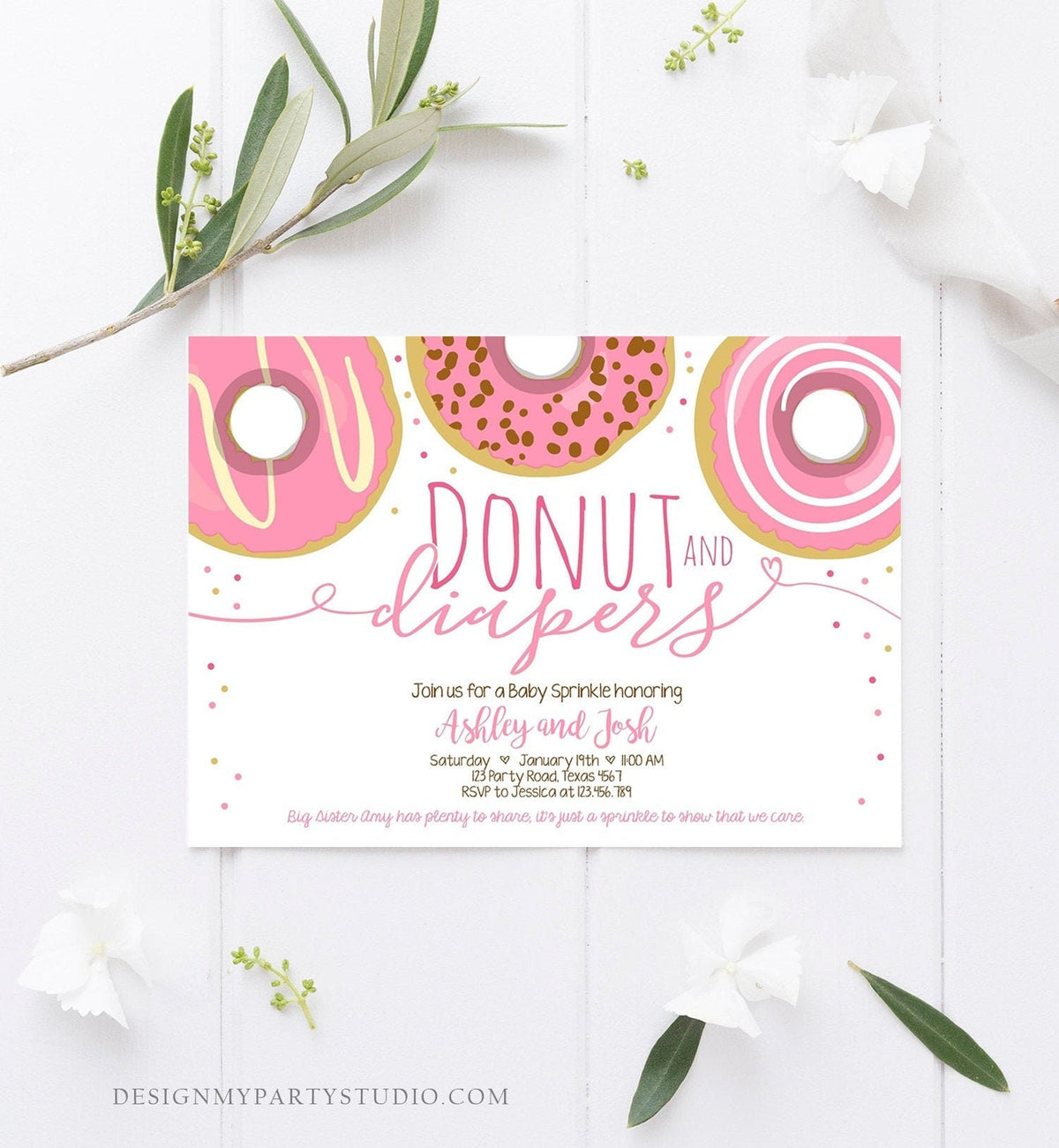 Editable Donut and Diapers Baby Shower Invitation Sprinkle Sprinkled With Love Coed Girl Pink Pastel Download Printable Corj Template 0050