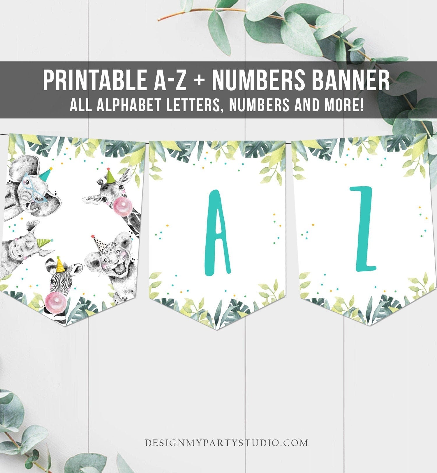 Safari Party Animals Birthday Banner A-Z Alphabet Numbers Banner First Happy Birthday Banner Boy Party Animals Digital Printable 0322