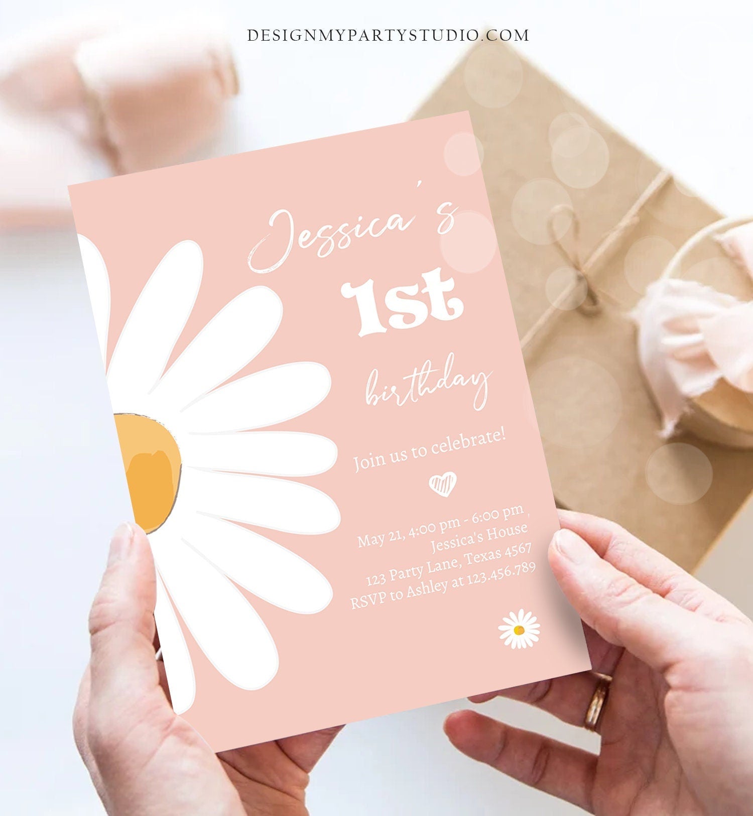 Editable Daisy Birthday Party Invitation 1st Birthday One Party Bohemian Girl Boho Pink First Digital Download Evite Template Printable 0410