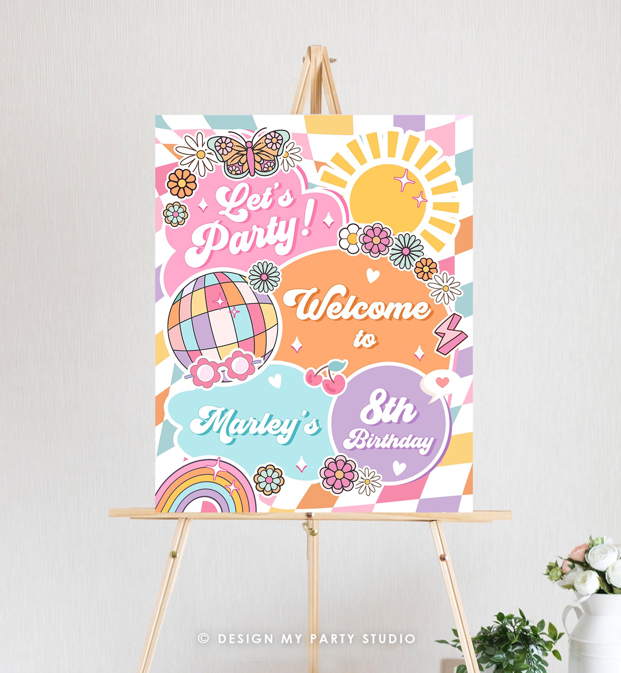 Editable Groovy Birthday Welcome Sign Rainbow Sunshine Girl Pink Peace Love Party Retro Hippie Digital Download Template Printable 0524