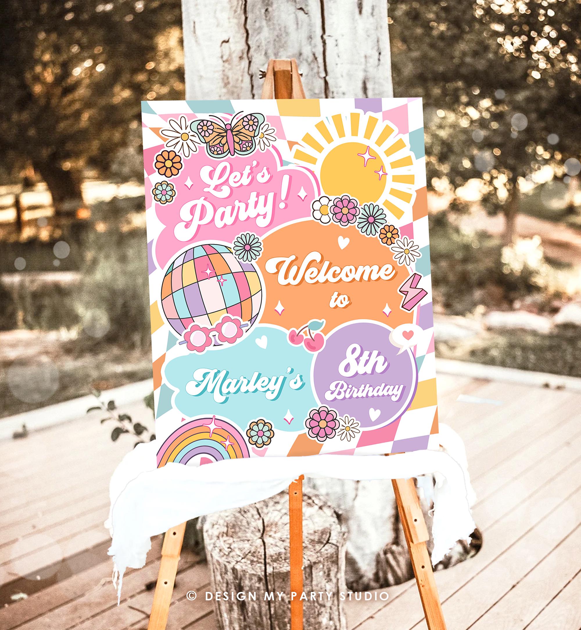 Editable Groovy Birthday Welcome Sign Rainbow Sunshine Girl Pink Peace Love Party Retro Hippie Digital Download Template Printable 0524