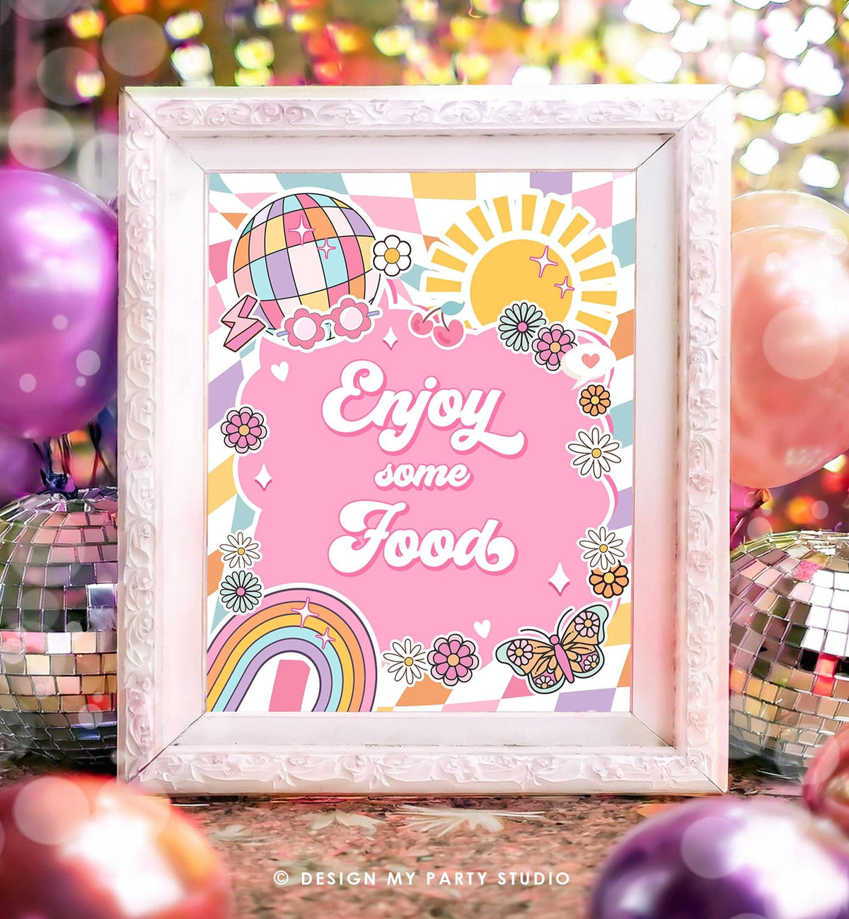 Enjoy Some Food Sign Groovy Birthday Baby Shower Rainbow Sunshine Girl Pink Peace Love Party Retro Hippie Digital Download Printable 0524