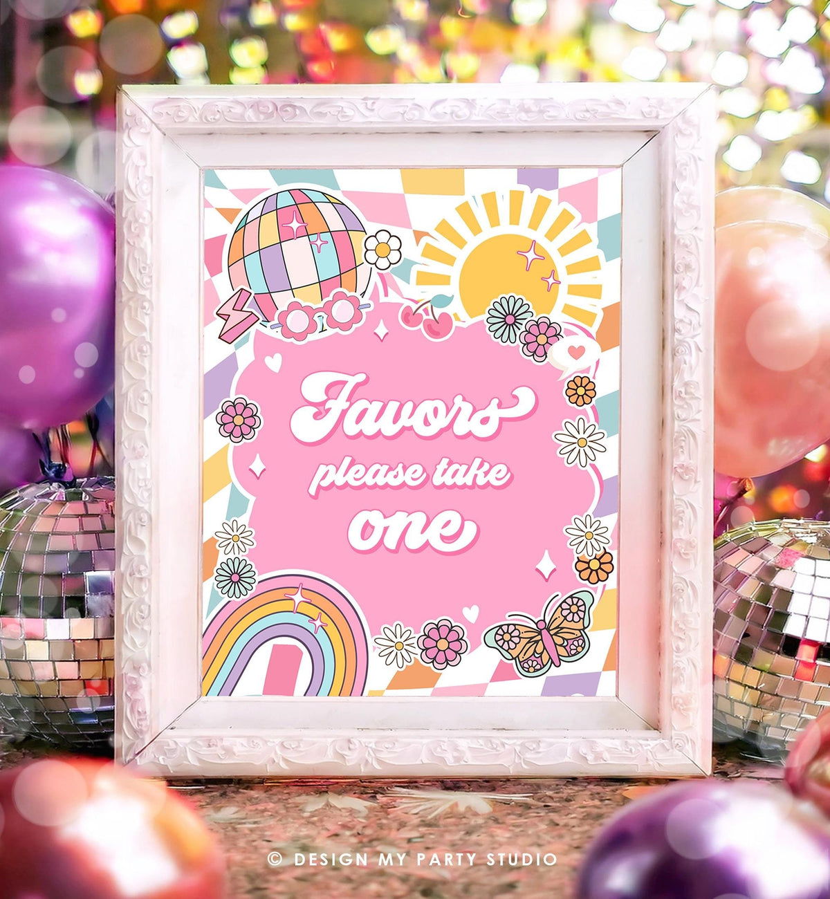 Favors Sign Groovy Birthday Baby Shower Rainbow Sunshine Gifts Girl Pink Peace Love Party Retro Hippie Digital Download Printable 0524