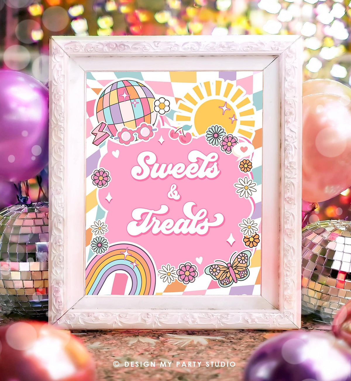 Sweets and Treats Sign Groovy Birthday Baby Shower Rainbow Sunshine Girl Pink Peace Love Party Retro Hippie Digital Download Printable 0524