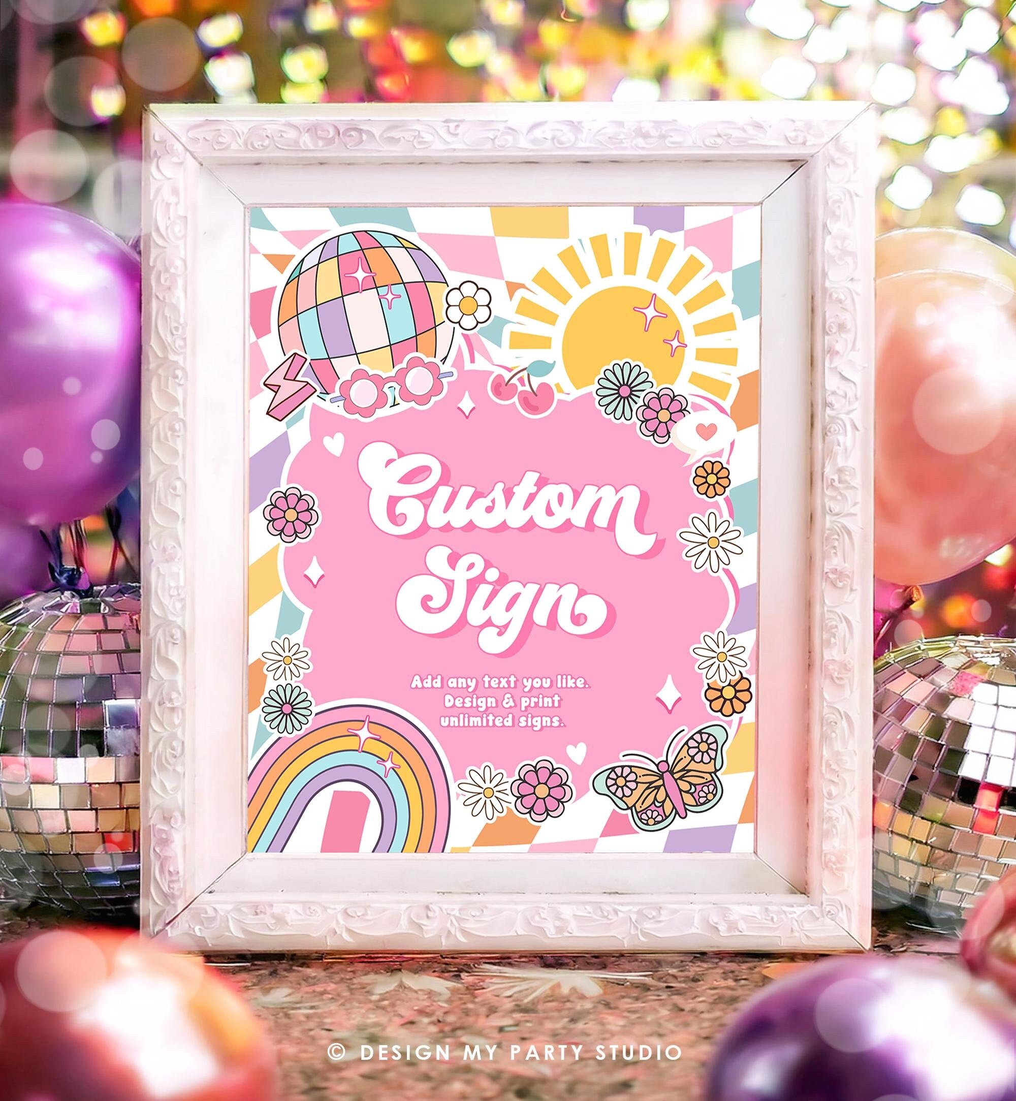 Editable Custom Sign Retro Groovy Birthday Party Groovy Baby Shower Decor Daisy Floral Peace Love Hippie 70s Digital Template Printable 0524