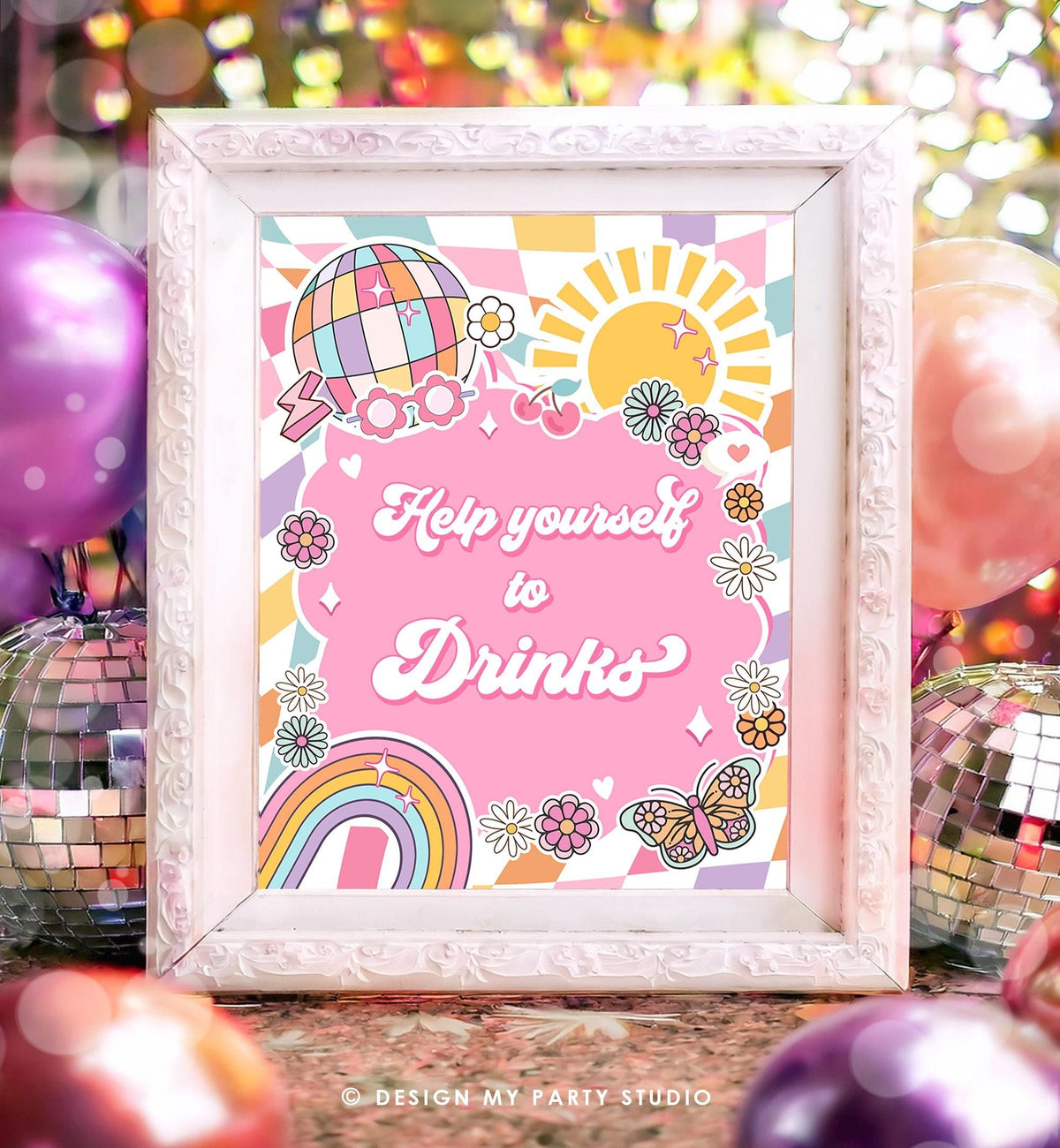 Help Yourself to Drinks Sign Groovy Birthday Baby Shower Rainbow Sunshine Girl Peace Love Party Retro Hippie Digital Download Printable 0524