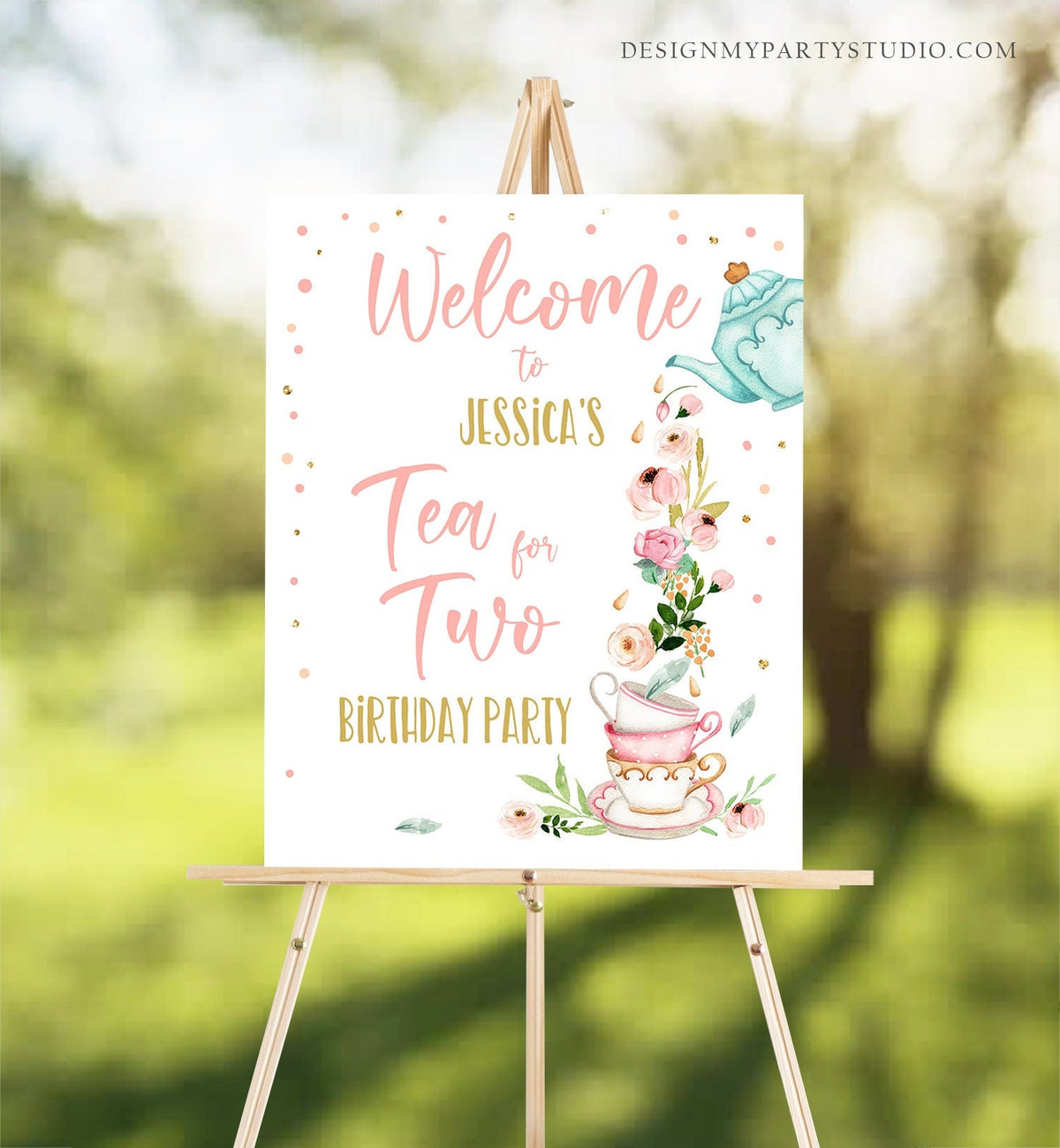 Editable Tea for Two Party Welcome Sign Tea Birthday Welcome Floral Pink Peach Girl 2nd Birthday Garden Party Template PRINTABLE Corjl 0349