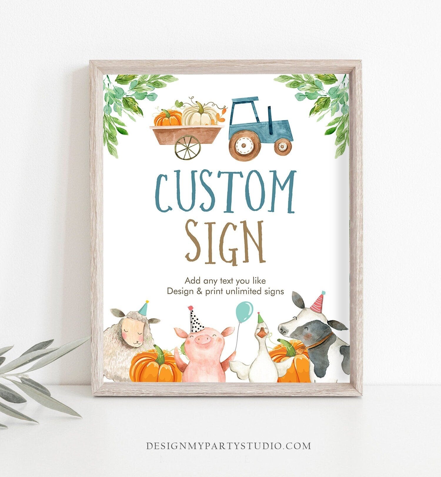 Editable Custom Sign Pumpkin Farm Animals Sign Boy Barnyard Birthday Decorations Blue Fall Table Sign Decor 8x10 Download Printable 0155