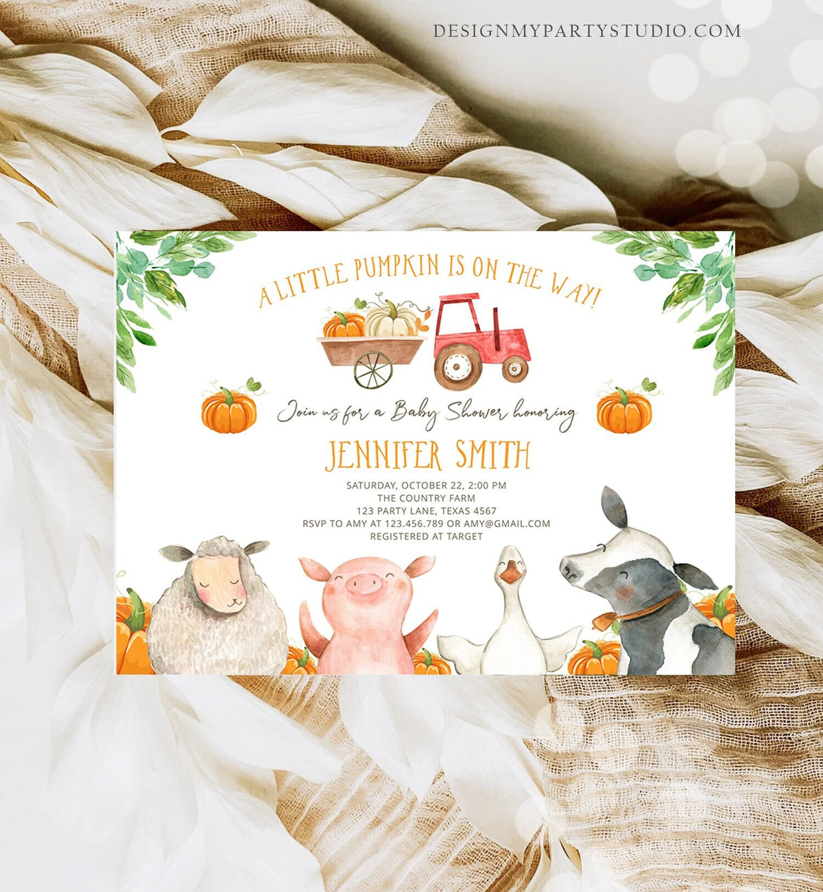 Editable Farm Baby Shower Invitation Pumpkin Gender Neutral Red Truck Farm Animals Barnyard Fall Digital Download Template Printable 0155