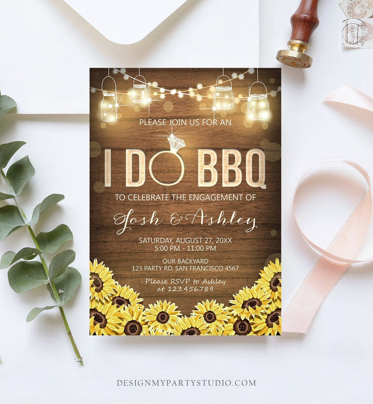 Editable I Do BBQ Invitation Couples Shower Invite Engagement Party Rustic Wood Lights Sunflowers Printable Template Corjl Digital 0015