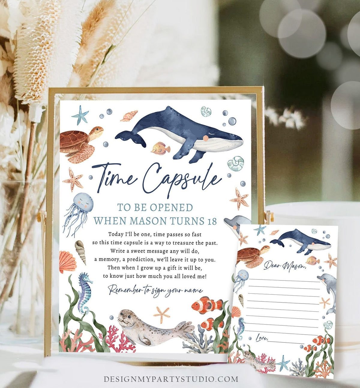 Editable Under the Sea Time Capsule Nautical Party Sea Ocean Like Animals Whale Turtle Dolphin Guestbook Template Printable Corjl 0504