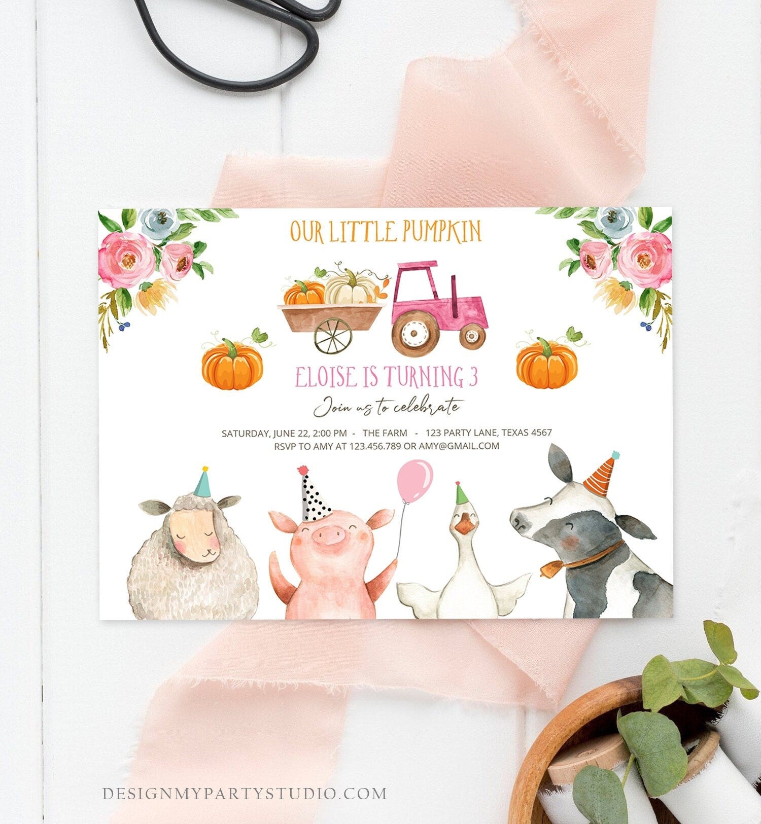 Editable Farm Birthday Invitation Pumpkin Girl Farm Animals Pink Barnyard Fall Birthday Digital Download Evite Template Printable 0155