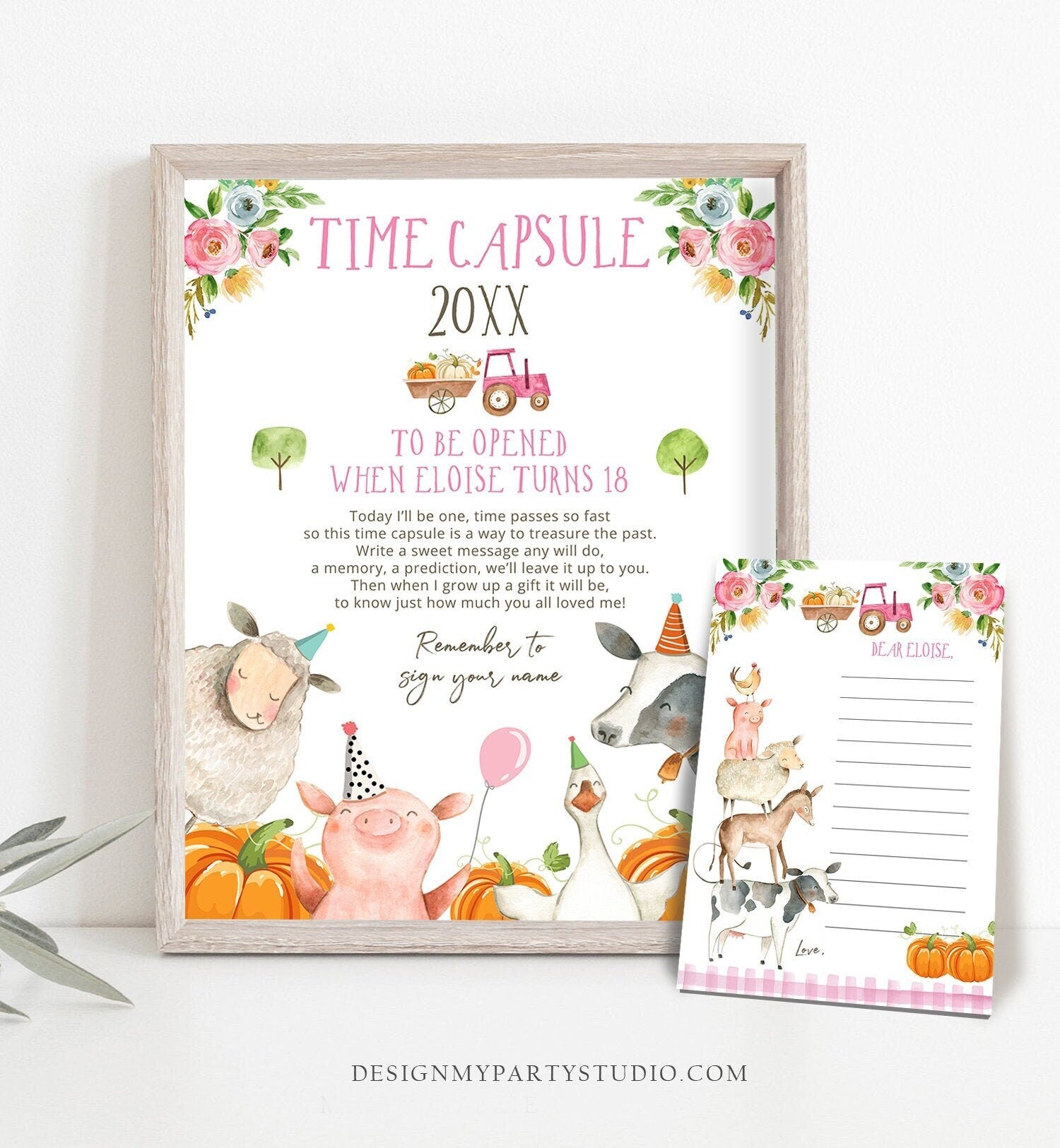 Editable Farm Animals Birthday Time Capsule First 1st Pumpkin Fall Autumn Party Animals Barnyard Girl Pink Digital Template Printable 0155