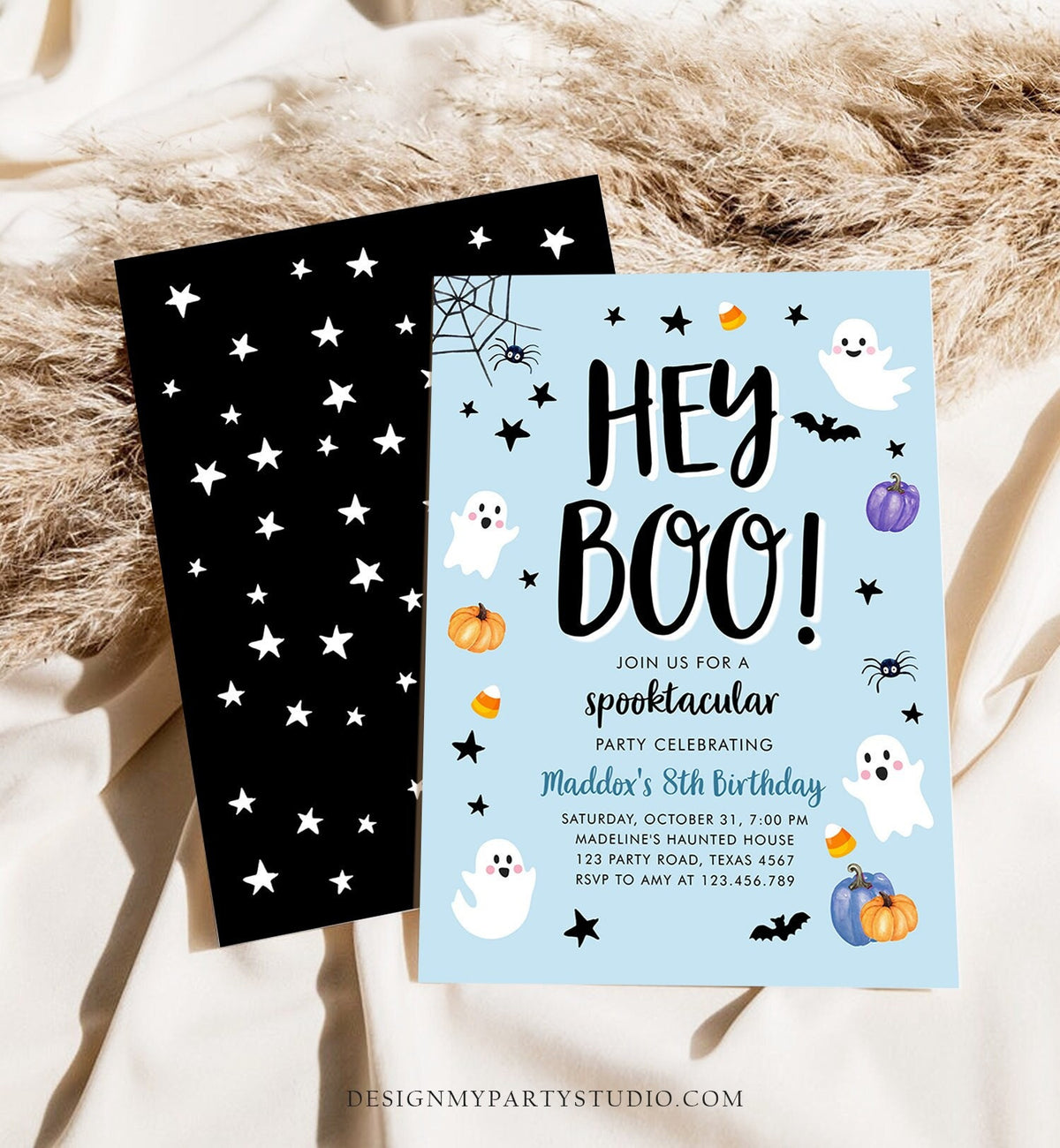 Editable Halloween Birthday Invitation Boy Ghost Costume Party Boy Blue Kids Spooktacular Spooky Digital Download Template Printable 0418