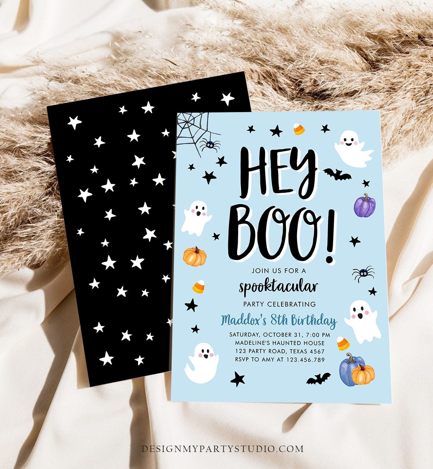 Editable Halloween Birthday Invitation Boy Ghost Costume Party Boy Blue Kids Spooktacular Spooky Digital Download Template Printable 0418