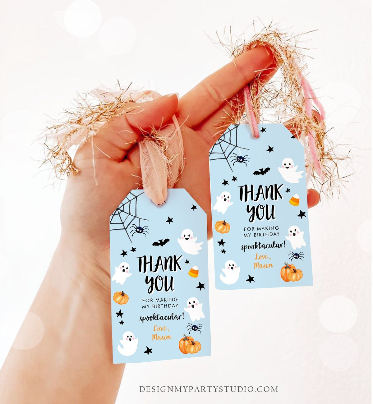 Editable Halloween Birthday Thank You Favor Tags Costume Party Boy Blue Spooktacular Ghost Party Digital Download Template Printable 0418