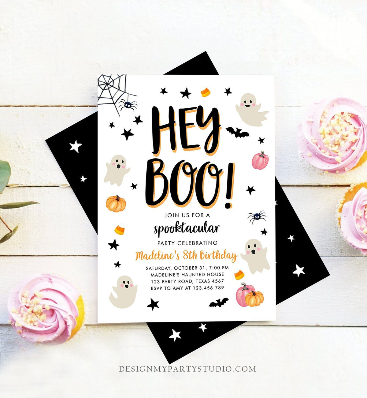 Editable Halloween Birthday Invitation Pink Ghost Costume Party Girl Pink Kids Spooktacular Spooky Digital Download Template Printable 0418