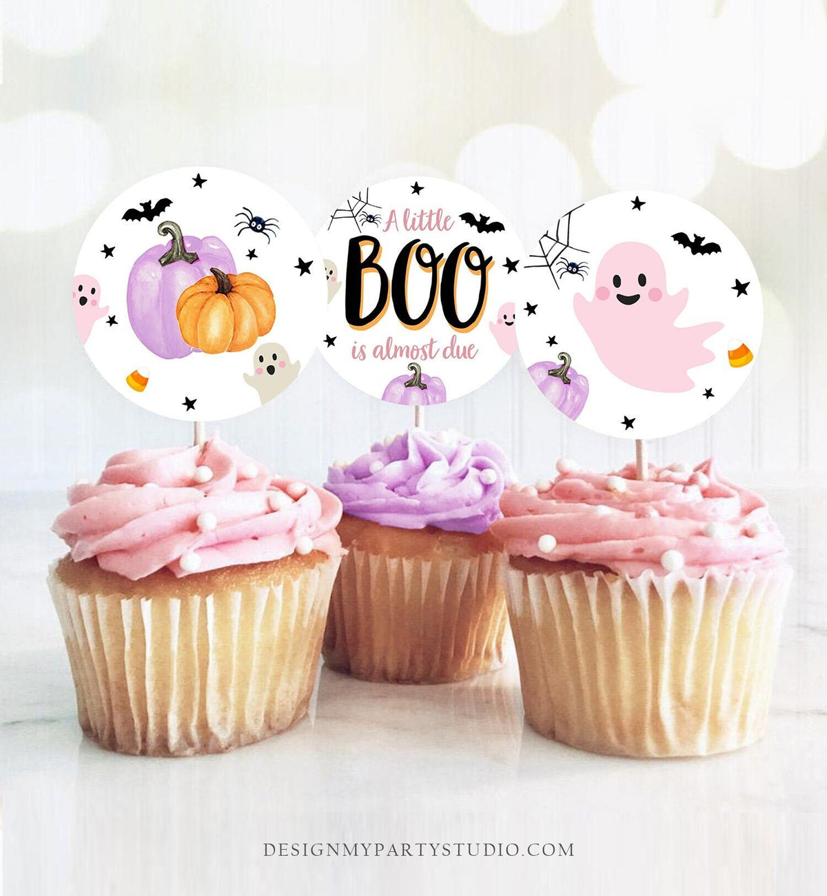 Little Boo Baby Shower Cupcake Toppers Favor Tags Halloween Baby Shower Ghost Party Lavender Pink Girl Digital Download Printable 0418