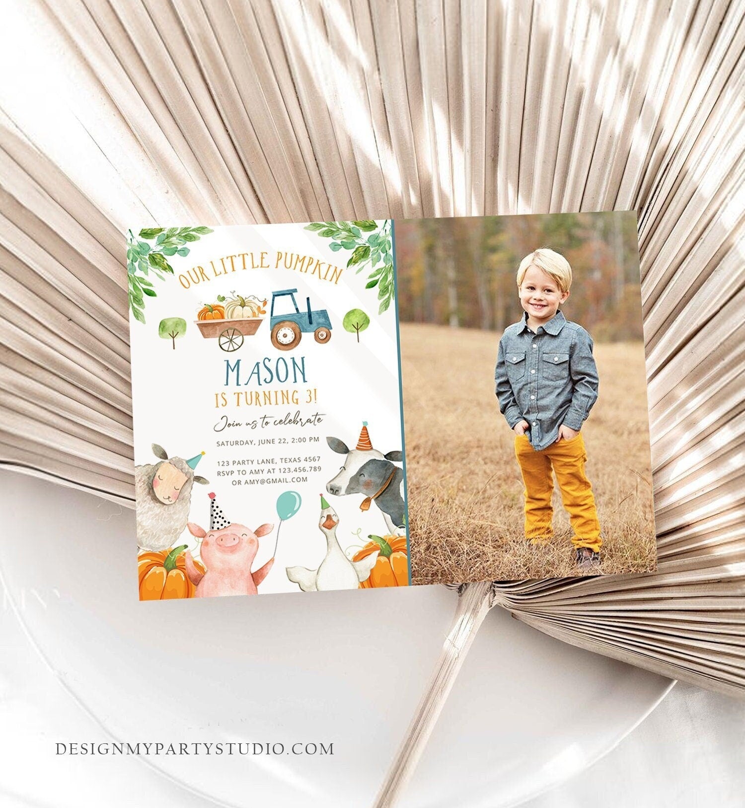 Editable Farm Animals Birthday Invitation Pumpkin Boy Party Animals Boy Barnyard Fall Digital Download Evite Template Printable 0155