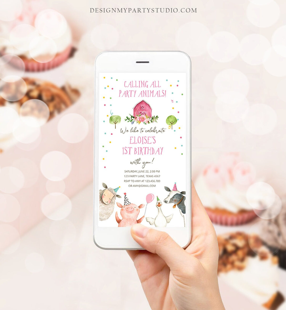 Editable Farm Animals Birthday Evite Girl Farm Pink Floral Barnyard All Party Animals Barn Pink Digital Download Phone Template 0155