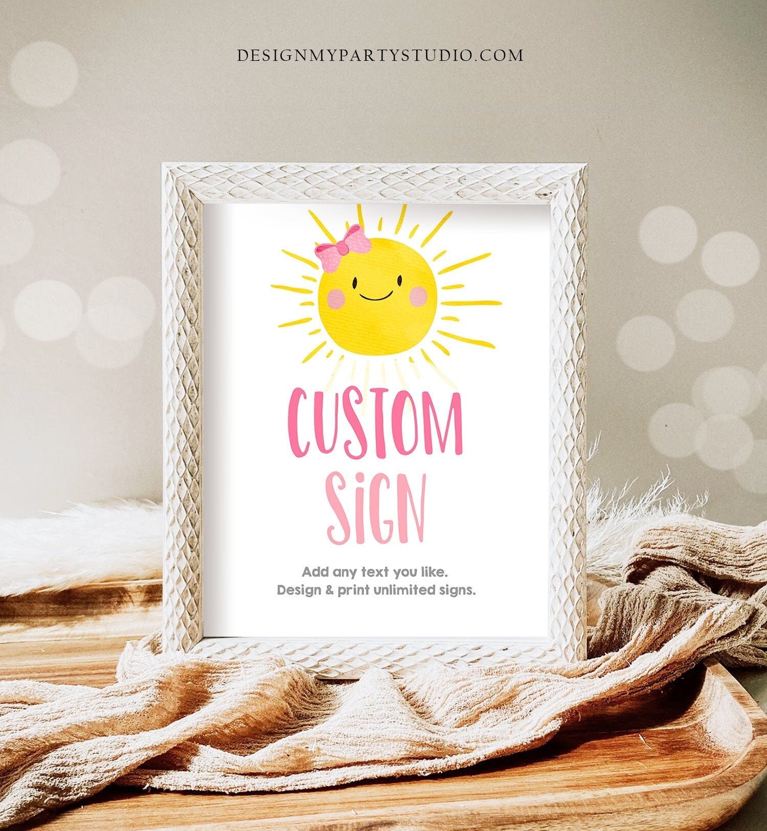 Editable Custom Little Sunshine Sign Pink First Birthday Party Girl Sunshine Party Summer Sun Bow Digital Download Template Printable 0141