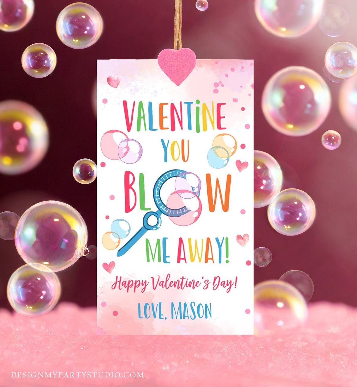 Editable Valentine You Blow Me Away Favor Tag Thank You Blowing Bubbles Soap Valentine&#39;s Day Tag School Digital Template Printable 0370